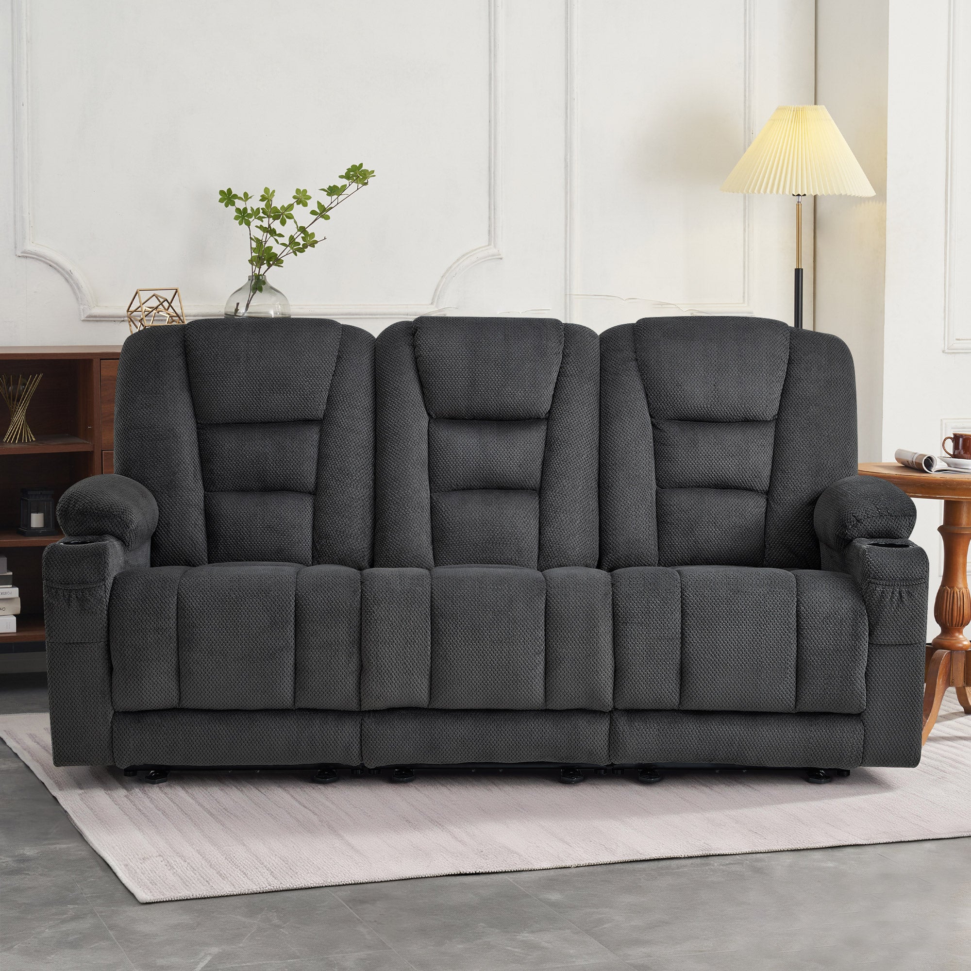 MCombo Divano elettrico con funzione letto, divano reclinabile a 2 o 3 posti (inclinazione fino a 150° regolabile tramite pulsante), divano stile cinema con funzione relax, USB e portabicchieri, modello 7009 (grigio)