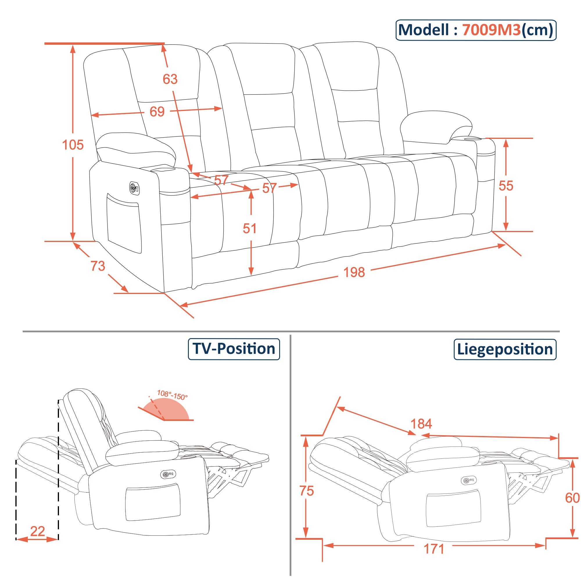 MCombo Divano elettrico con funzione letto, divano reclinabile a 2 o 3 posti (inclinazione fino a 150° regolabile tramite pulsante), divano stile cinema con funzione relax, USB e portabicchieri, modello 7009 (grigio)