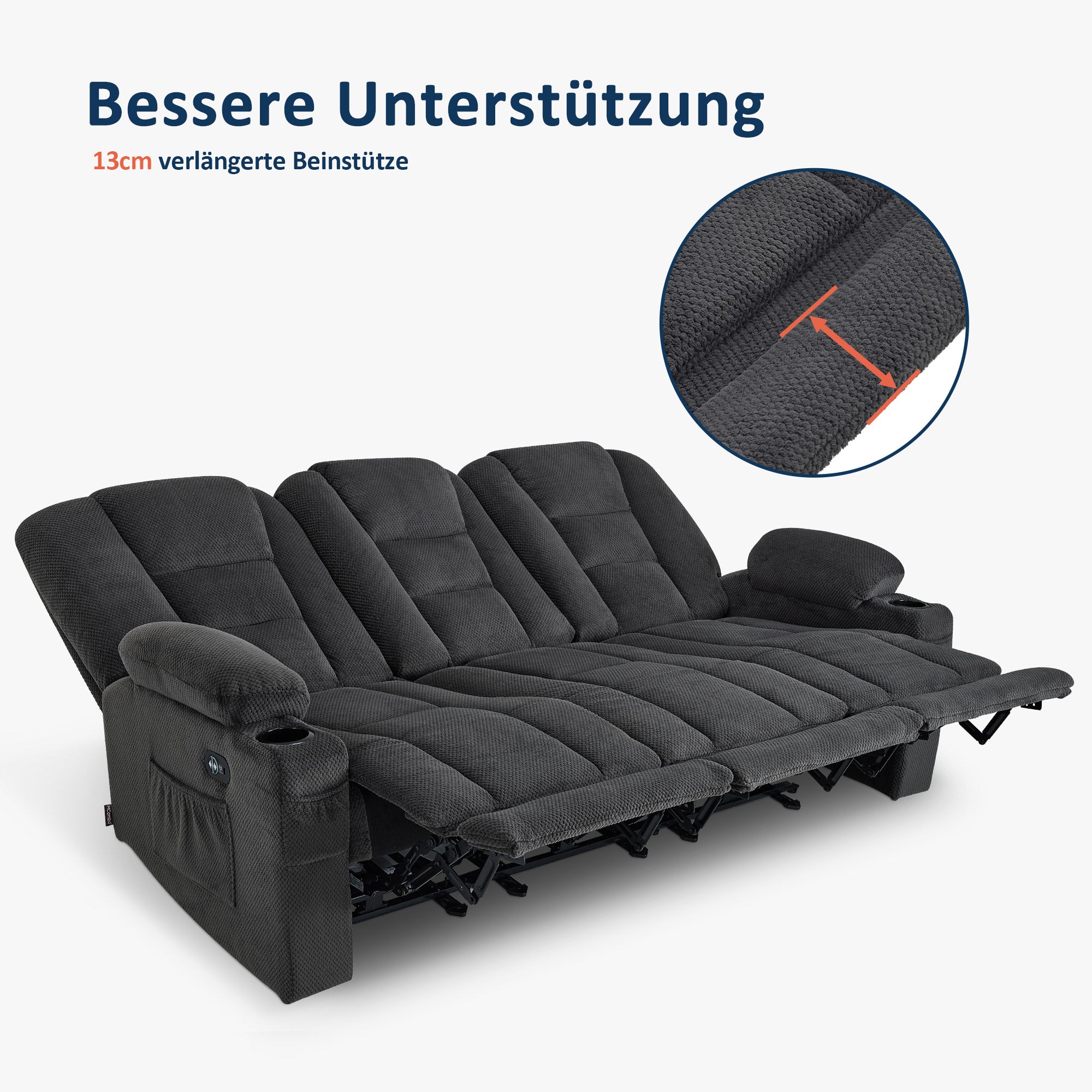 MCombo Divano elettrico con funzione letto, divano reclinabile a 2 o 3 posti (inclinazione fino a 150° regolabile tramite pulsante), divano stile cinema con funzione relax, USB e portabicchieri, modello 7009 (grigio)