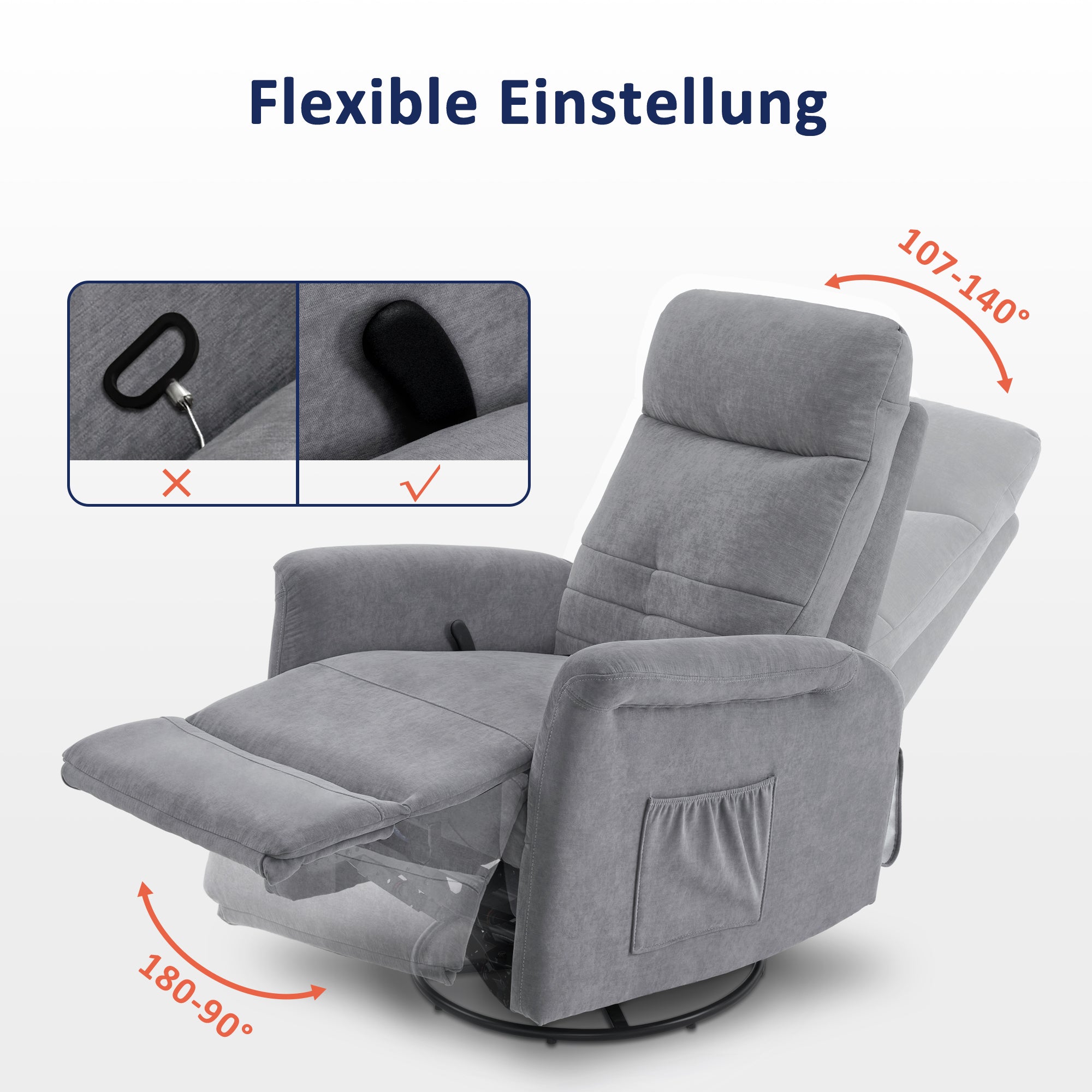 MCombo Poltrona TV relax con funzione reclinabile, manuale, funzione dondolo e girevole, ruotabile a 360°, soggiorno, camera da letto, 7011