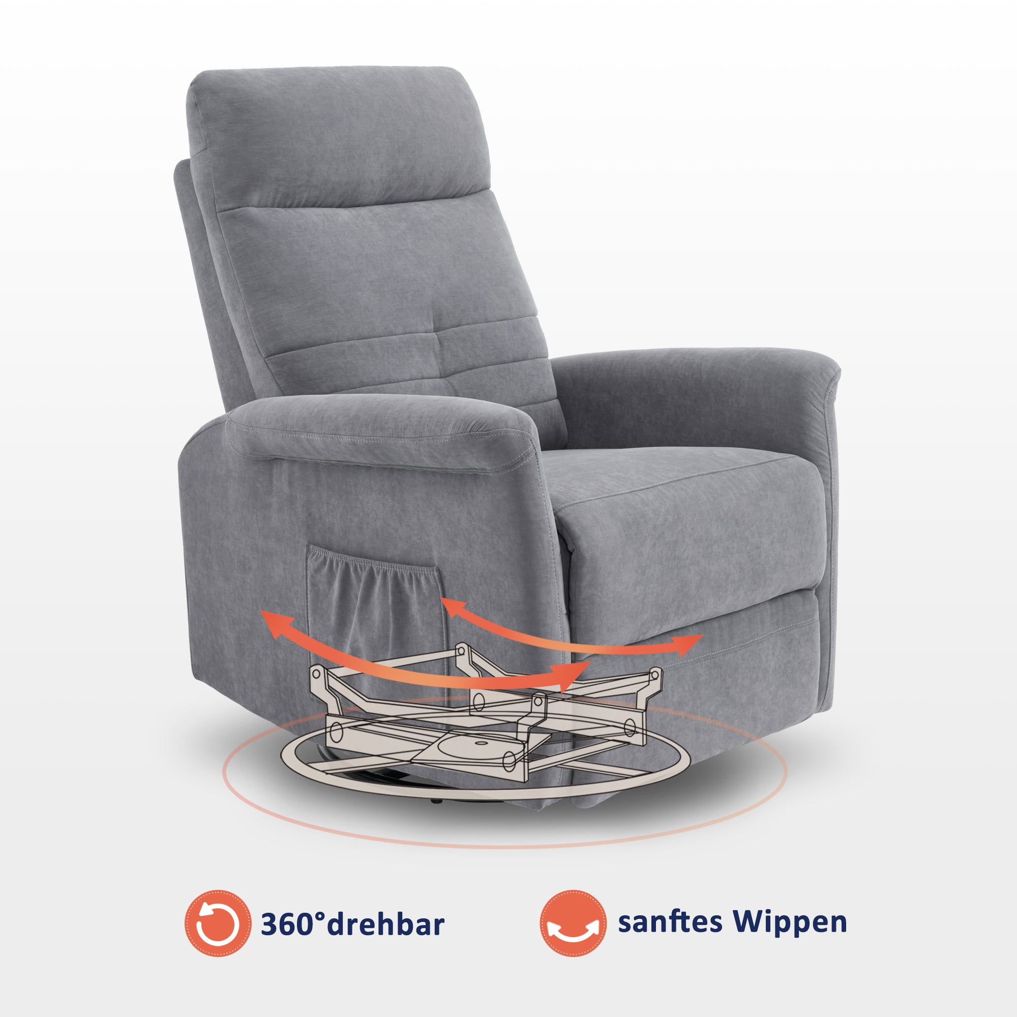 MCombo Poltrona TV relax con funzione reclinabile, manuale, funzione dondolo e girevole, ruotabile a 360°, soggiorno, camera da letto, 7011