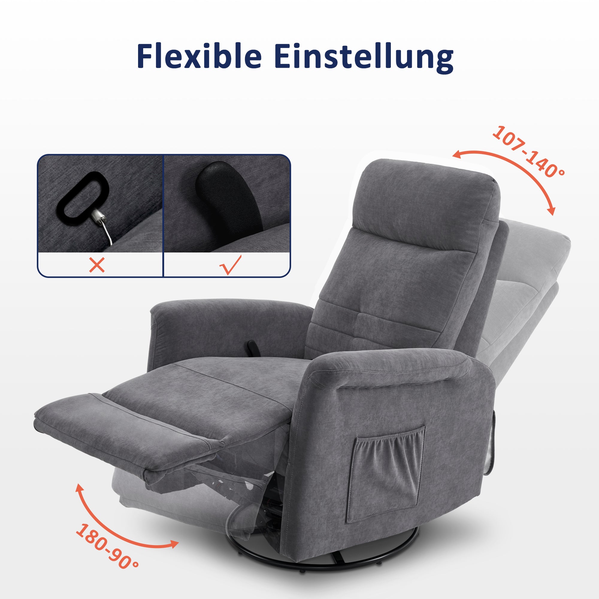 MCombo Poltrona TV relax con funzione reclinabile, manuale, poltrona massaggiante con funzione riscaldante, poltrona TV con funzione dondolo e girevole, rotazione a 270°,  7013