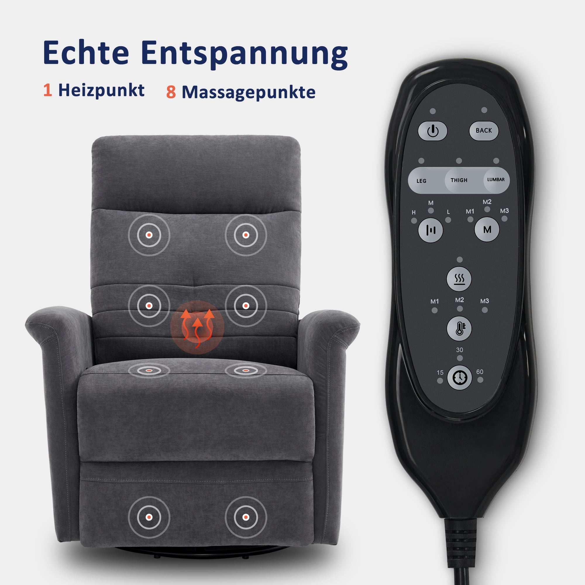 MCombo Poltrona TV relax con funzione reclinabile, manuale, poltrona massaggiante con funzione riscaldante, poltrona TV con funzione dondolo e girevole, rotazione a 270°,  7013