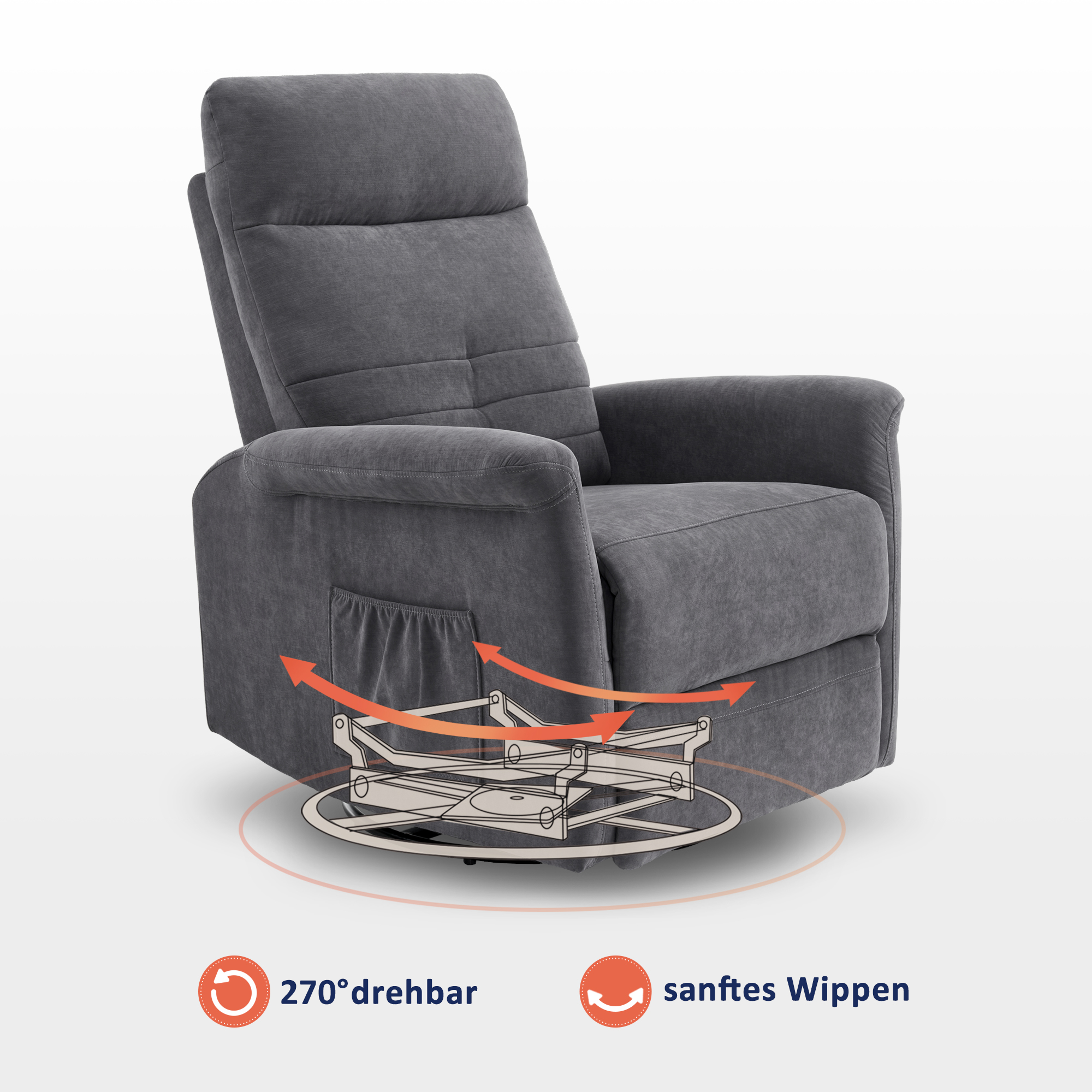MCombo Poltrona TV relax con funzione reclinabile, manuale, poltrona massaggiante con funzione riscaldante, poltrona TV con funzione dondolo e girevole, rotazione a 270°,  7013