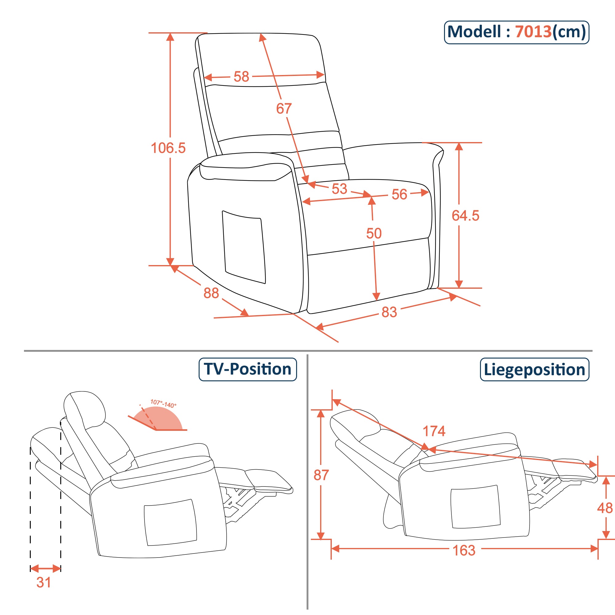MCombo Poltrona TV relax con funzione reclinabile, manuale, poltrona massaggiante con funzione riscaldante, poltrona TV con funzione dondolo e girevole, rotazione a 270°,  7013