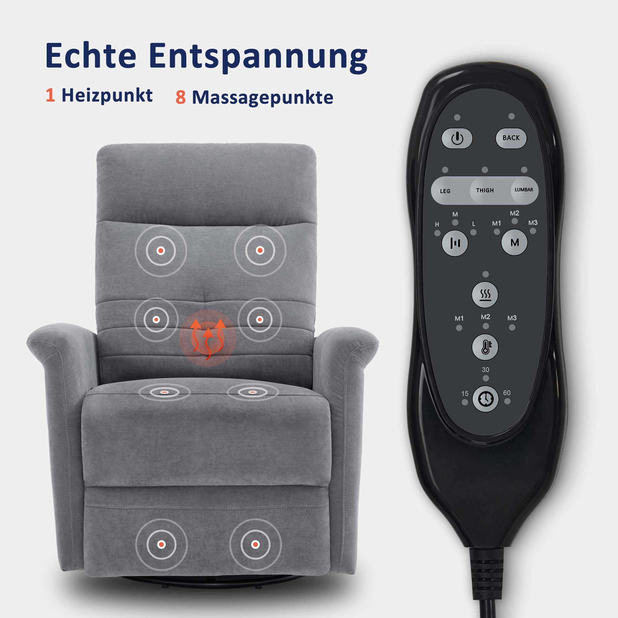 MCombo Poltrona TV relax con funzione reclinabile, manuale, poltrona massaggiante con funzione riscaldante, poltrona TV con funzione dondolo e girevole, rotazione a 270°,  7013