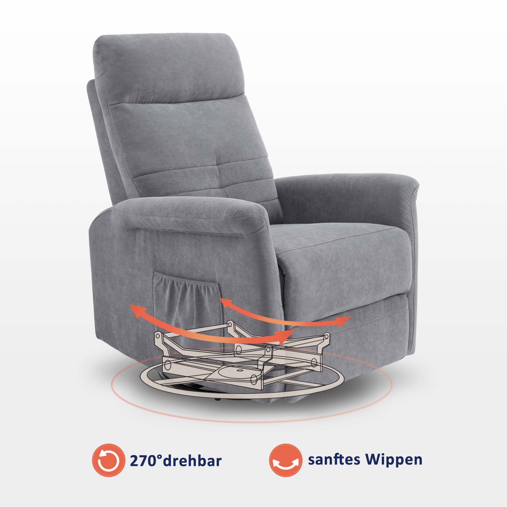 MCombo Poltrona TV relax con funzione reclinabile, manuale, poltrona massaggiante con funzione riscaldante, poltrona TV con funzione dondolo e girevole, rotazione a 270°,  7013