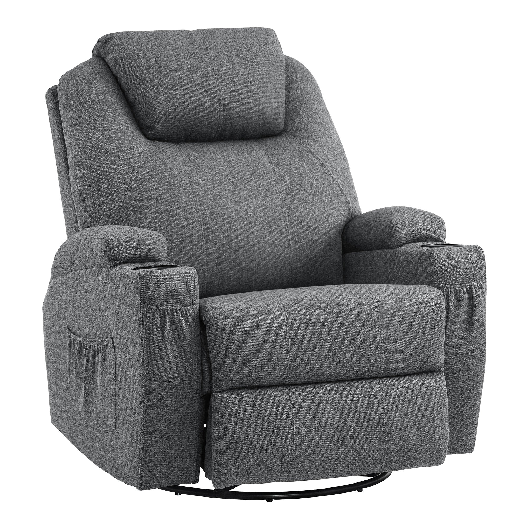 MCombo Poltrona massaggiante, poltrona TV, reclinabile 7020, con riscaldamento, girevole a 360°, funzione dondolo, regolabile manualmente (ecopelle nera/tessuto grigio/microfibra grigio scuro)