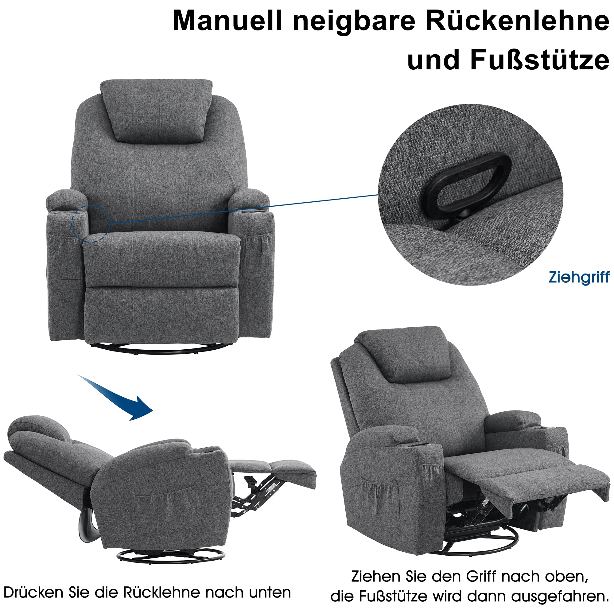 MCombo Poltrona massaggiante, poltrona TV, reclinabile 7020, con riscaldamento, girevole a 360°, funzione dondolo, regolabile manualmente (ecopelle nera/tessuto grigio/microfibra grigio scuro)