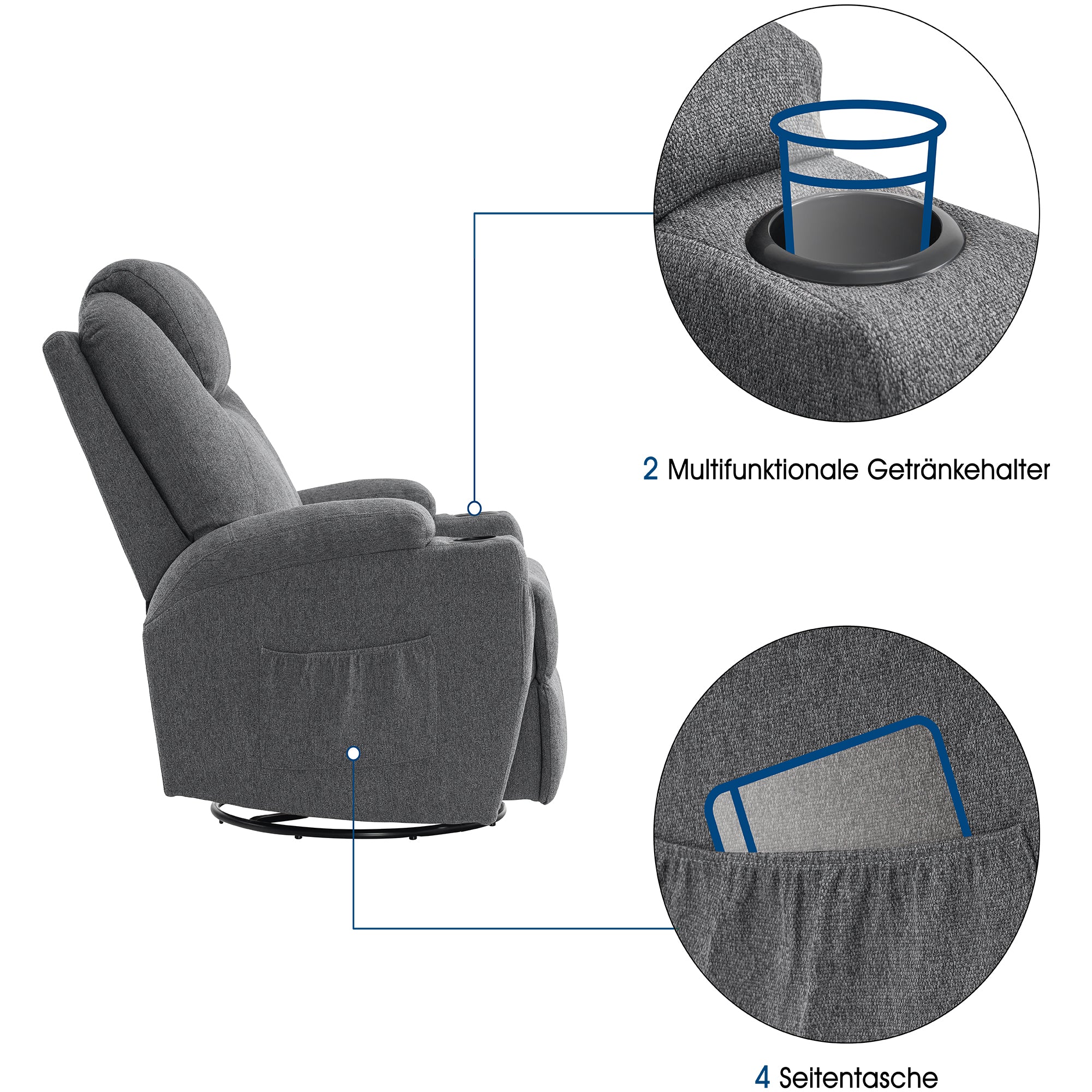 MCombo Poltrona massaggiante, poltrona TV, reclinabile 7020, con riscaldamento, girevole a 360°, funzione dondolo, regolabile manualmente (ecopelle nera/tessuto grigio/microfibra grigio scuro)