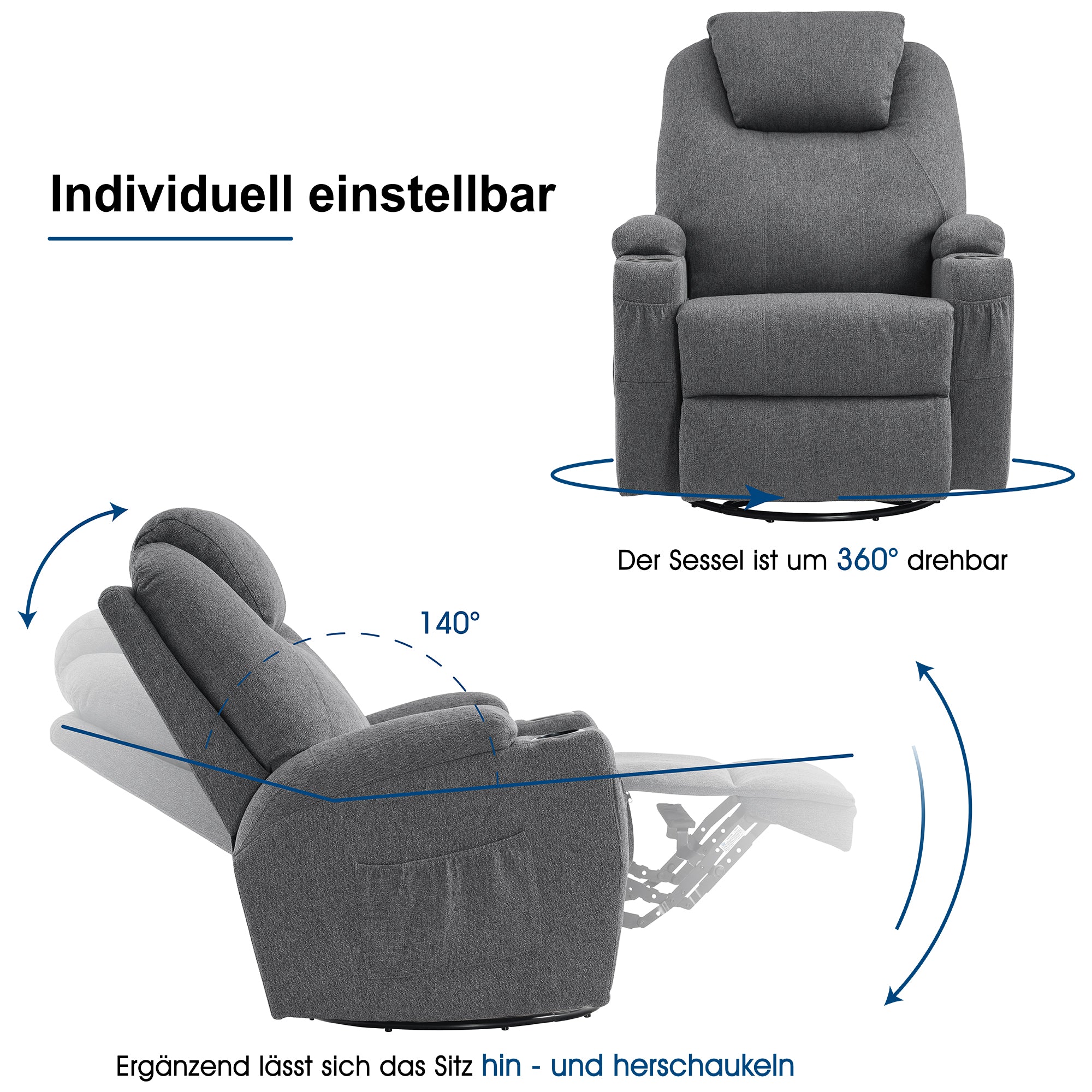 MCombo Poltrona massaggiante, poltrona TV, reclinabile 7020, con riscaldamento, girevole a 360°, funzione dondolo, regolabile manualmente (ecopelle nera/tessuto grigio/microfibra grigio scuro)