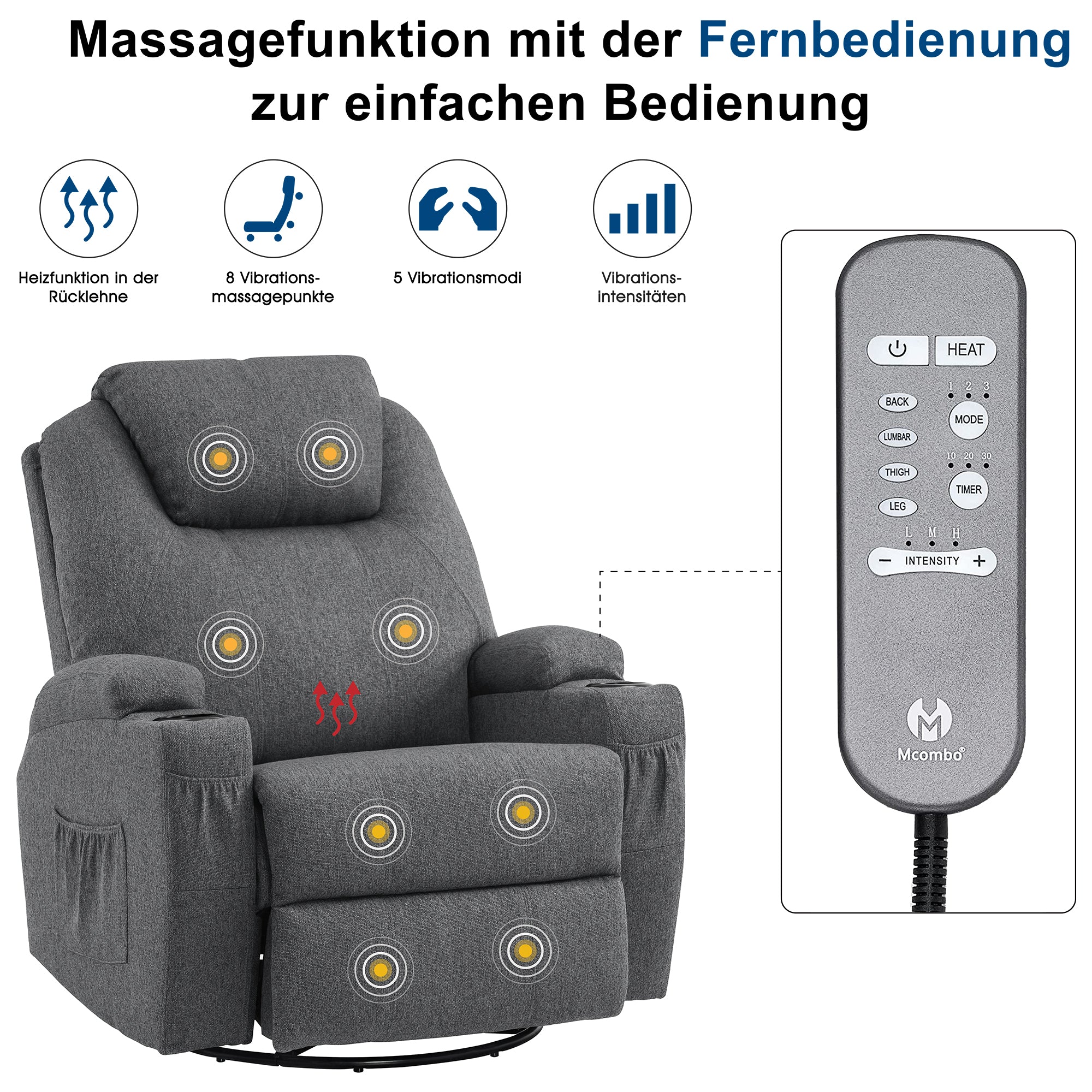MCombo Poltrona massaggiante, poltrona TV, reclinabile 7020, con riscaldamento, girevole a 360°, funzione dondolo, regolabile manualmente (ecopelle nera/tessuto grigio/microfibra grigio scuro)