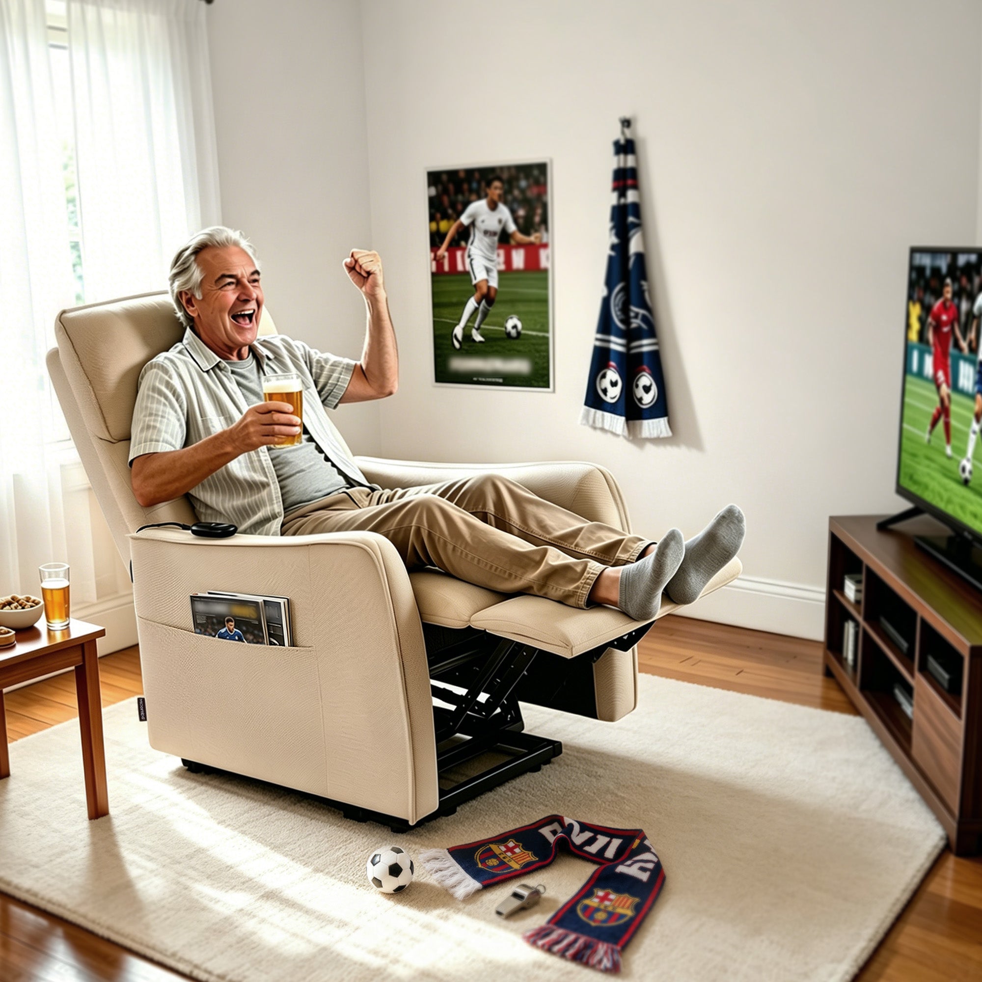 M MCombo elektrische tv-fauteuil met opsta-hulp, tv-fauteuil met ligfunctie tot 135°, massage en verwarming, kleine opsta-fauteuil, seniorenfauteuil voor woonkamer 7027 (stof)