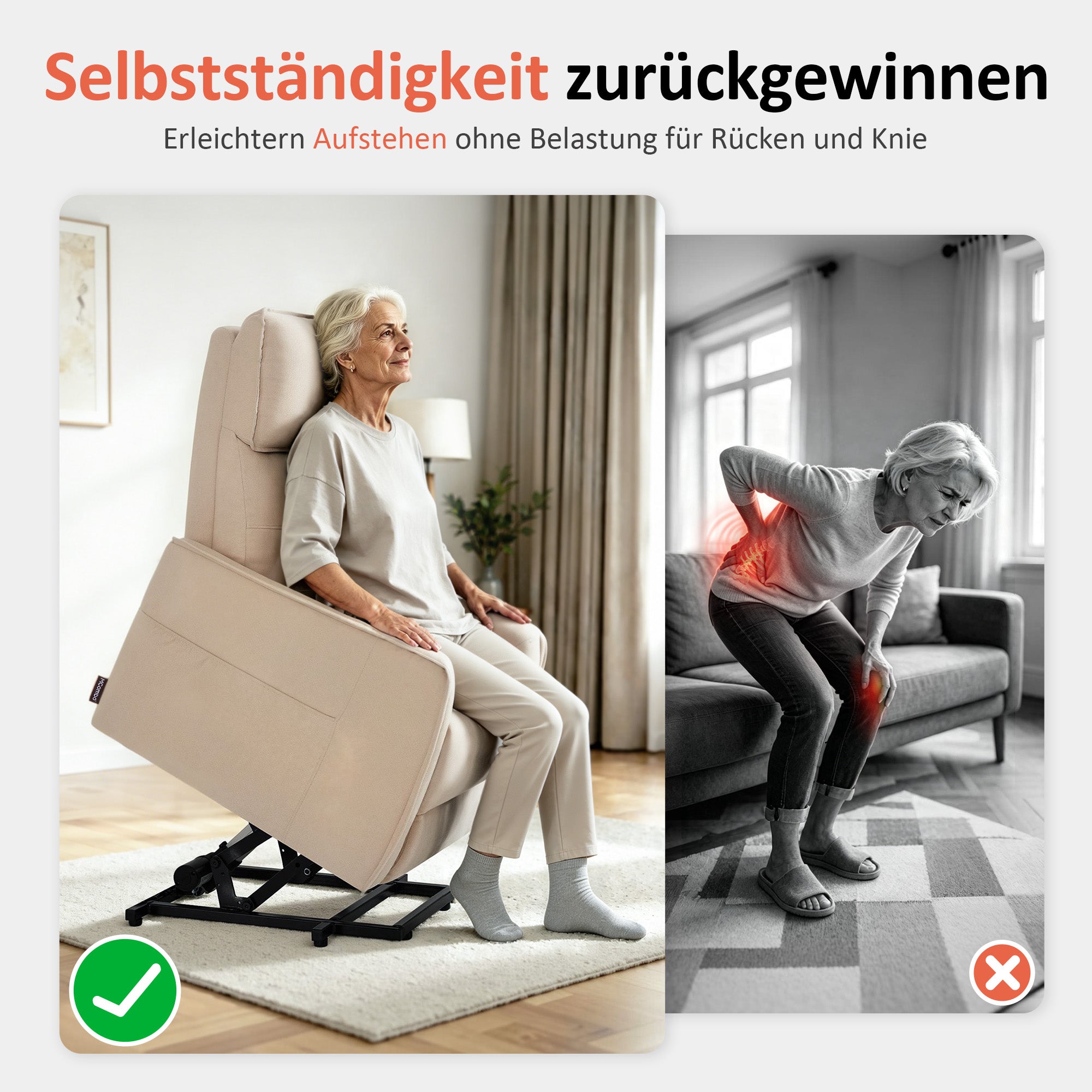 M MCombo elektrische tv-fauteuil met opsta-hulp, tv-fauteuil met ligfunctie tot 135°, massage en verwarming, kleine opsta-fauteuil, seniorenfauteuil voor woonkamer 7027 (stof)