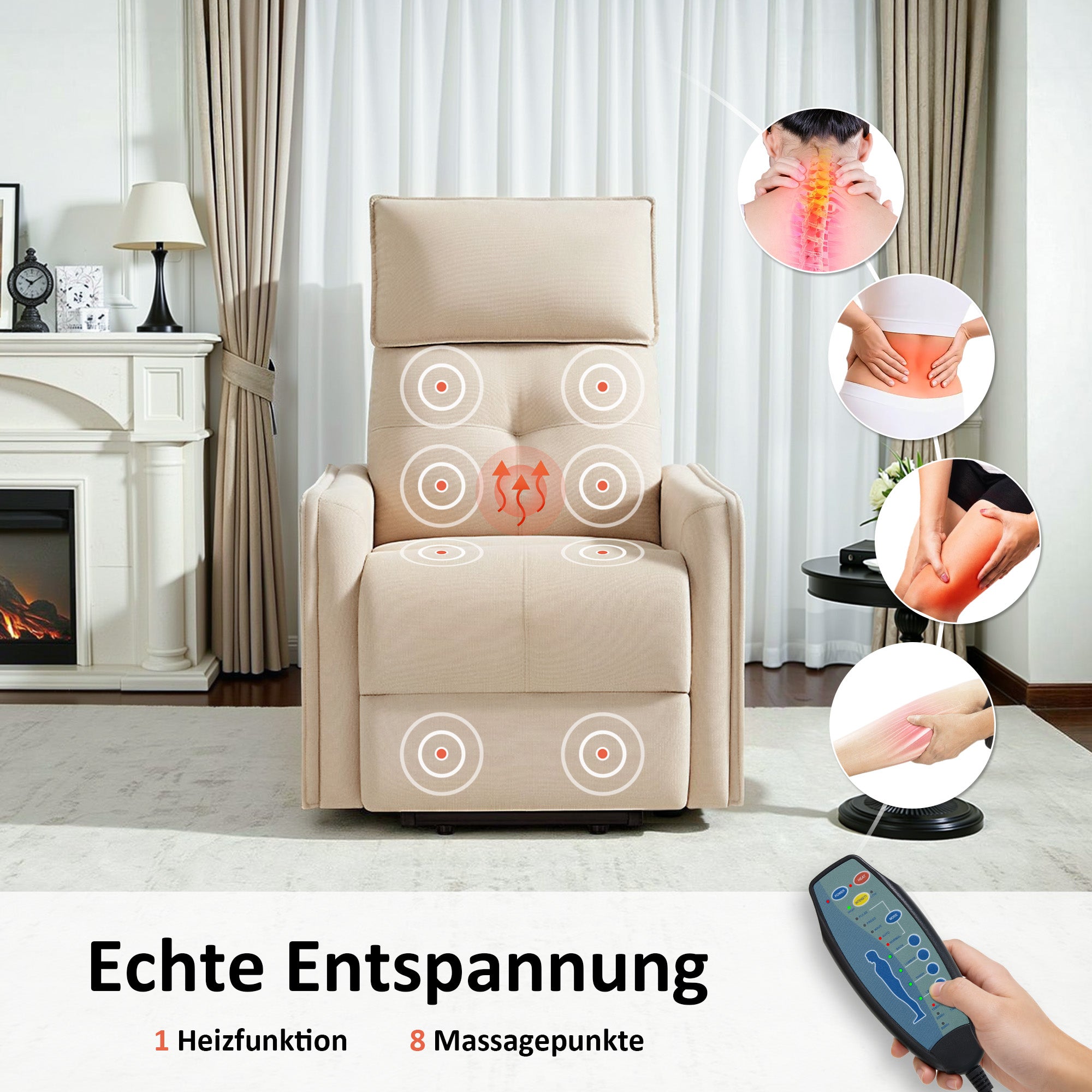 M MCombo elektrische tv-fauteuil met opsta-hulp, tv-fauteuil met ligfunctie tot 135°, massage en verwarming, kleine opsta-fauteuil, seniorenfauteuil voor woonkamer 7027 (stof)