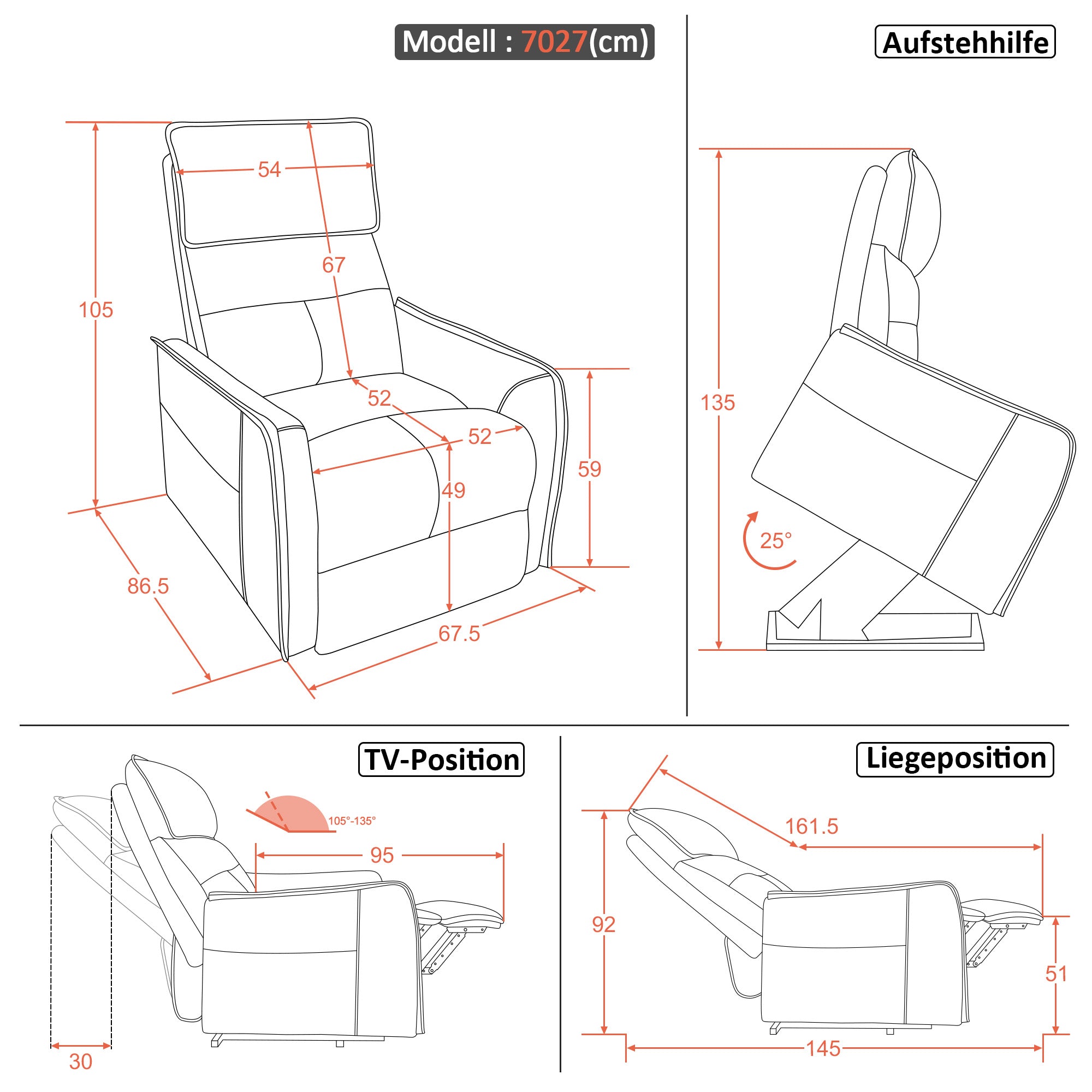 M MCombo elektrische tv-fauteuil met opsta-hulp, tv-fauteuil met ligfunctie tot 135°, massage en verwarming, kleine opsta-fauteuil, seniorenfauteuil voor woonkamer 7027 (stof)