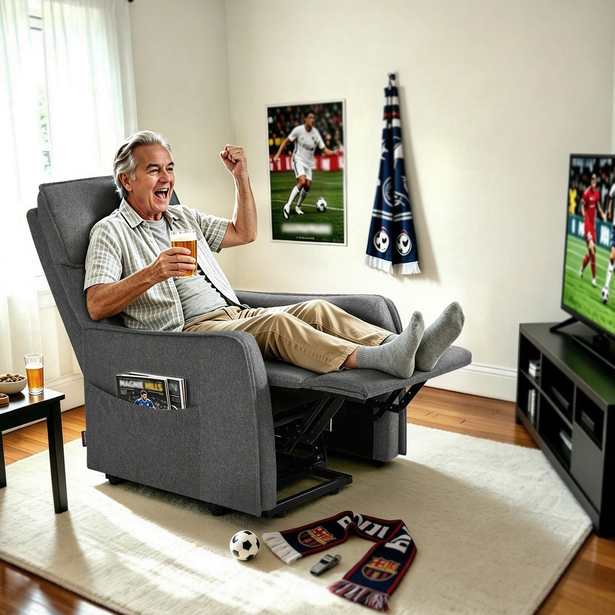 M MCombo elektrische tv-fauteuil met opsta-hulp, tv-fauteuil met ligfunctie tot 135°, massage en verwarming, kleine opsta-fauteuil, seniorenfauteuil voor woonkamer 7027 (stof)