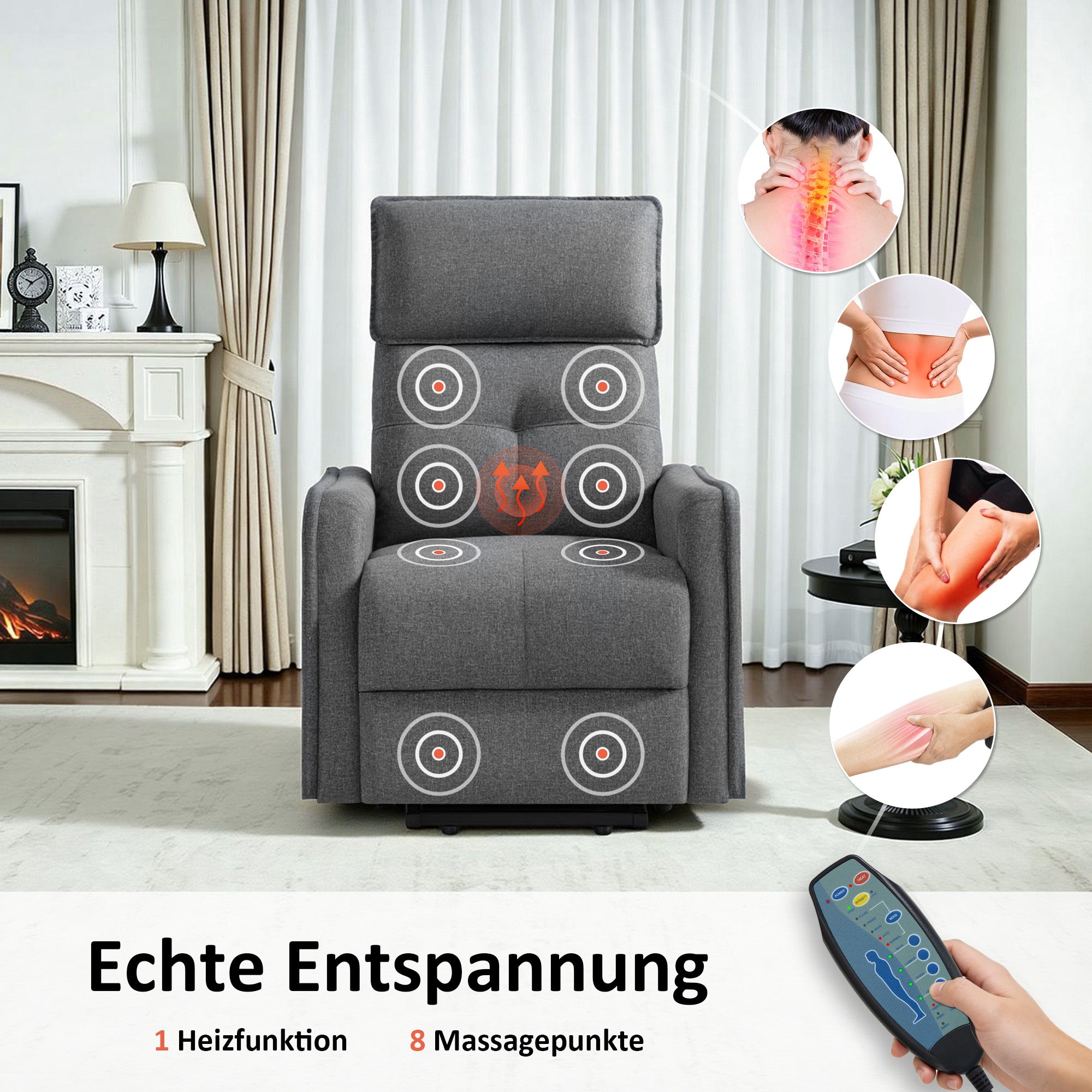 M MCombo elektrische tv-fauteuil met opsta-hulp, tv-fauteuil met ligfunctie tot 135°, massage en verwarming, kleine opsta-fauteuil, seniorenfauteuil voor woonkamer 7027 (stof)
