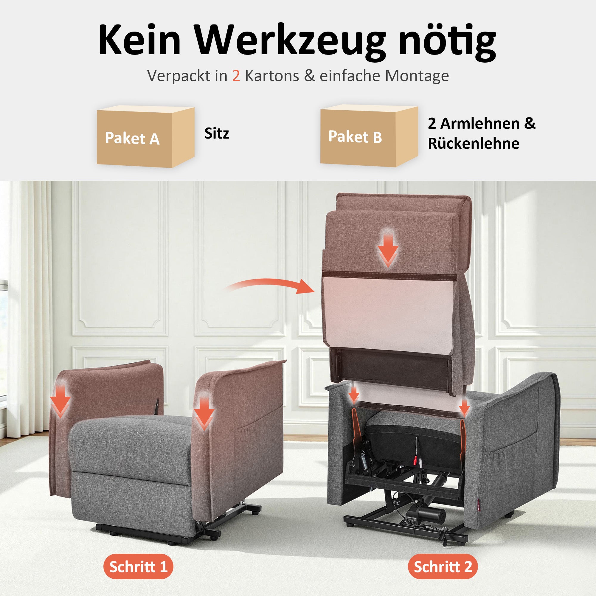 M MCombo elektrische tv-fauteuil met opsta-hulp, tv-fauteuil met ligfunctie tot 135°, massage en verwarming, kleine opsta-fauteuil, seniorenfauteuil voor woonkamer 7027 (stof)