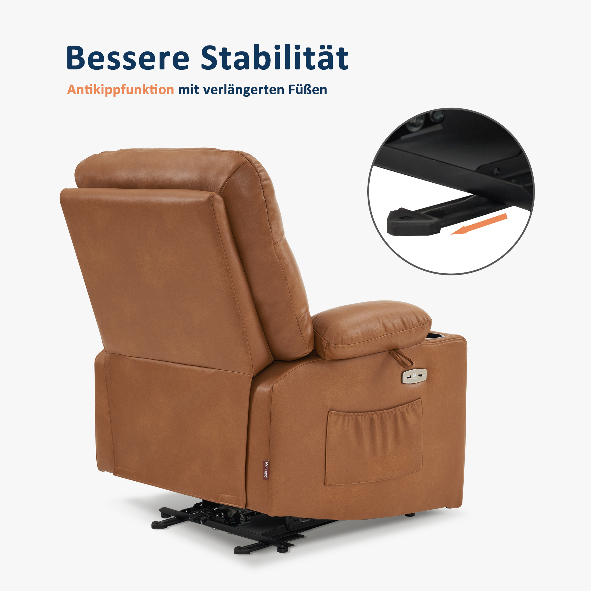MCombo Poltrona reclinabile con funzione reclinabile, regolabile elettricamente per guardare la TV, in similpelle traspirante, con porta USB e portabicchieri, per soggiorno, Braun 7033
