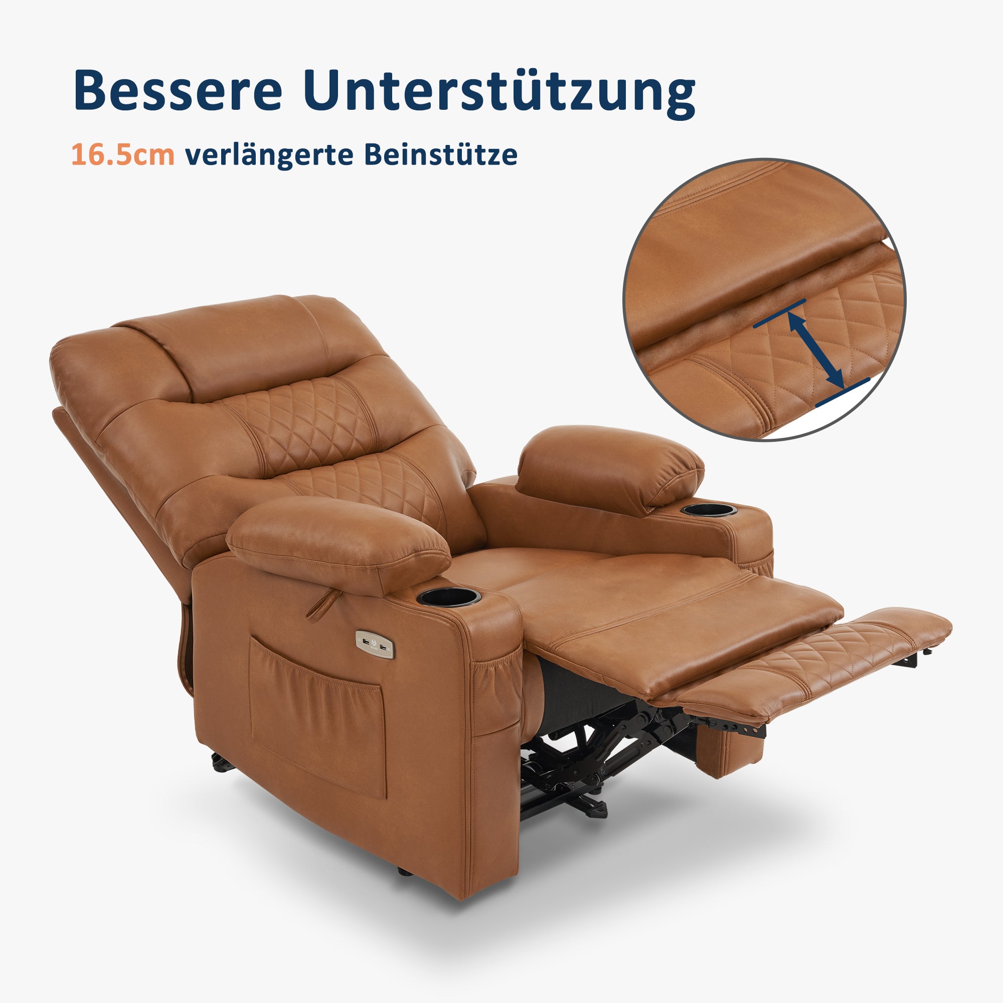 MCombo Poltrona reclinabile con funzione reclinabile, regolabile elettricamente per guardare la TV, in similpelle traspirante, con porta USB e portabicchieri, per soggiorno, Braun 7033