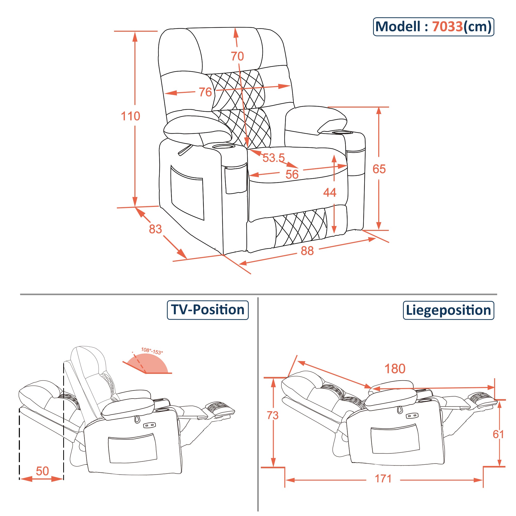 MCombo Poltrona reclinabile con funzione reclinabile, regolabile elettricamente per guardare la TV, in similpelle traspirante, con porta USB e portabicchieri, per soggiorno, Braun 7033