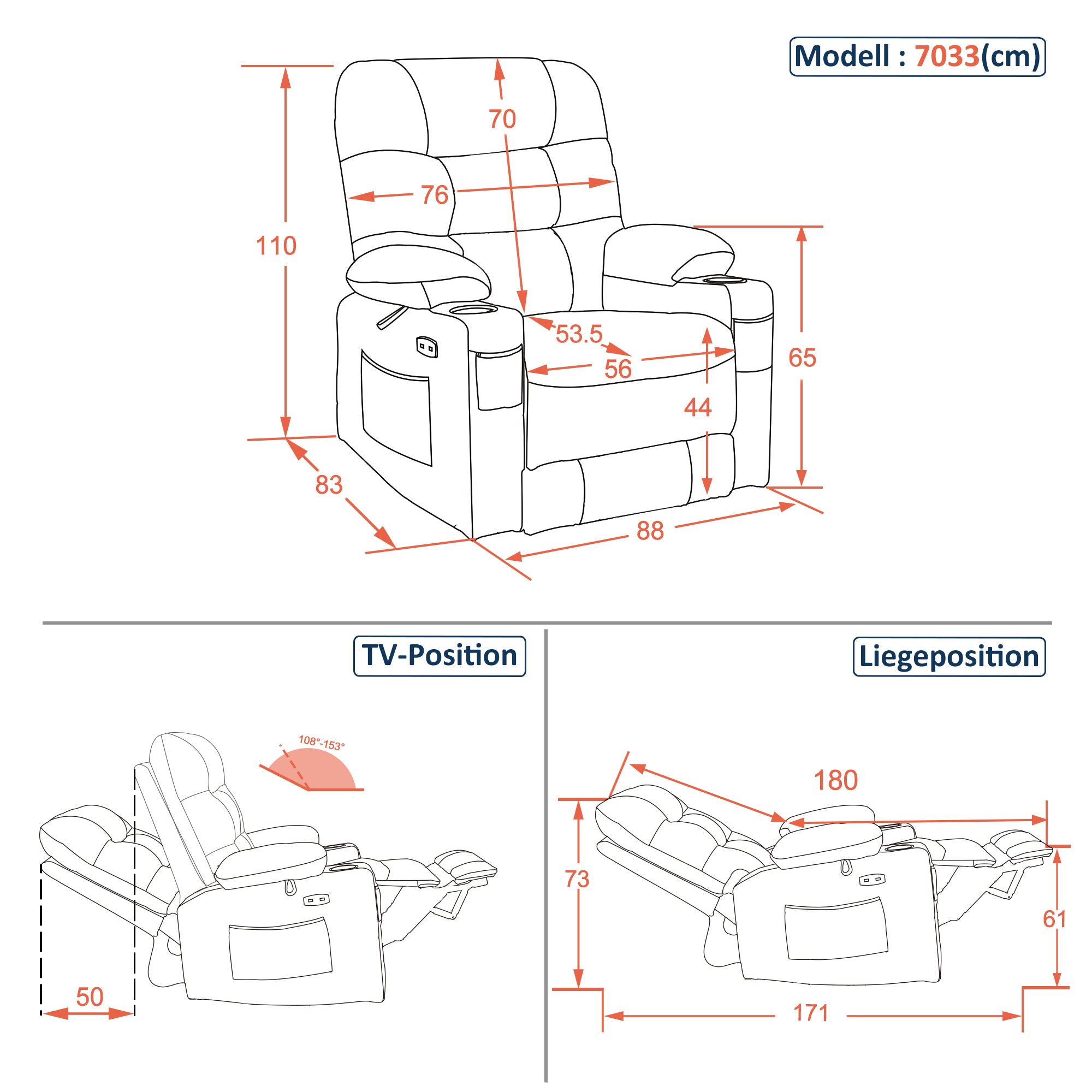 MCombo Poltrona reclinabile con funzione reclinabile, regolabile elettricamente per guardare la TV, in similpelle traspirante, con porta USB e portabicchieri, per soggiorno, Braun 7033