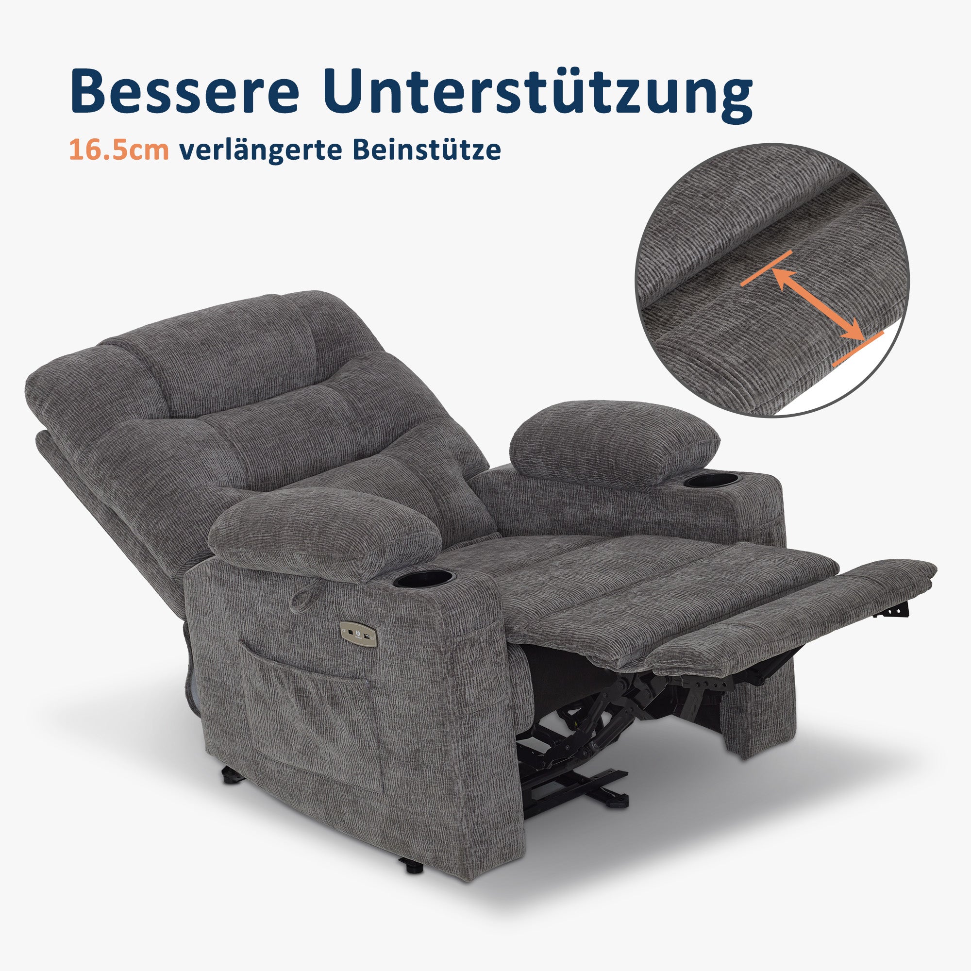 MCombo Poltrona reclinabile con funzione reclinabile, regolabile elettricamente per guardare la TV, in similpelle traspirante, con porta USB e portabicchieri, per soggiorno, Braun 7033