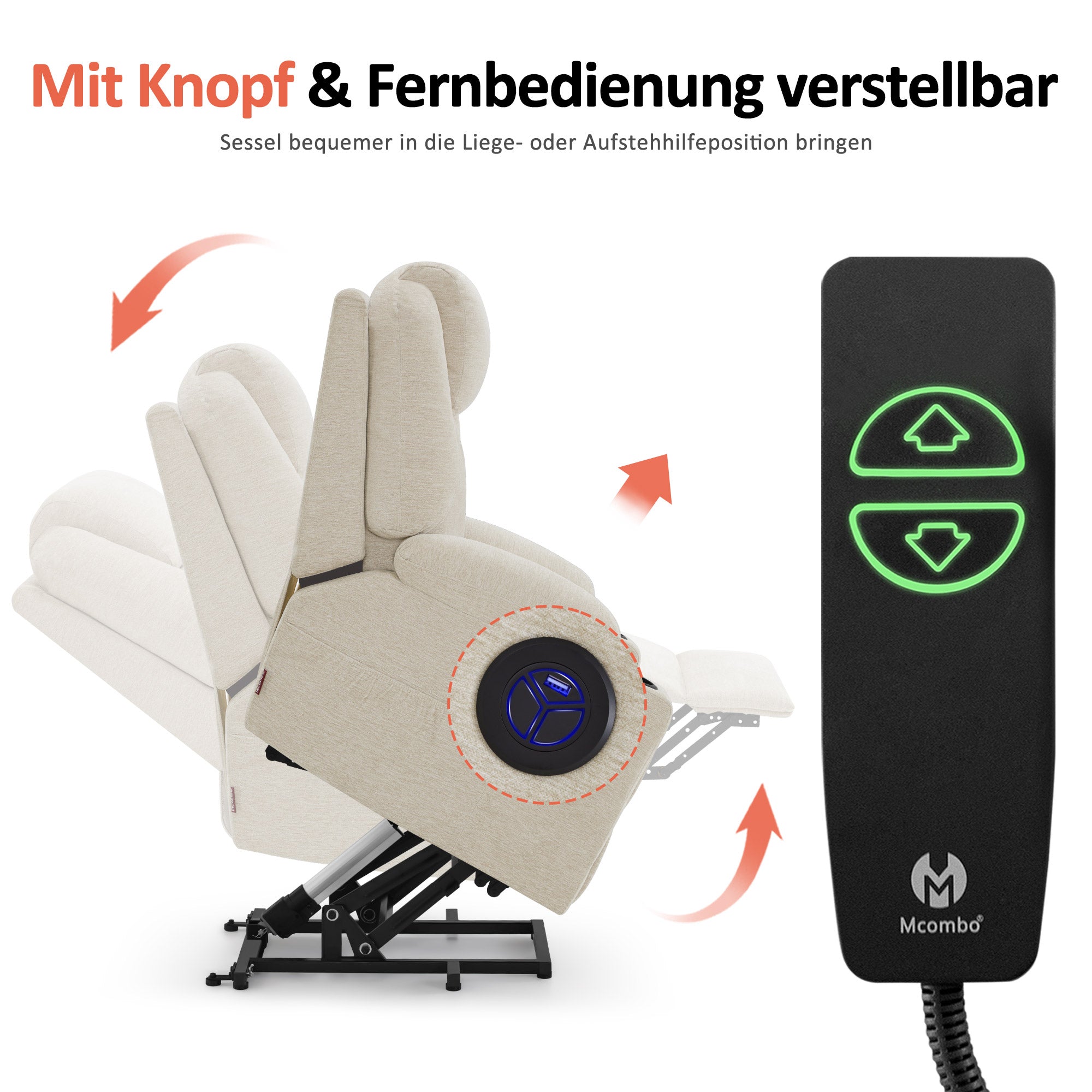 MCombo Poltrona TV elettrica reclinabile con sollevamento assistito, reclinabile fino a 140°, poltrona massaggiante con funzione riscaldante, regolabile tramite pulsanti e telecomando, con porta USB, 7040