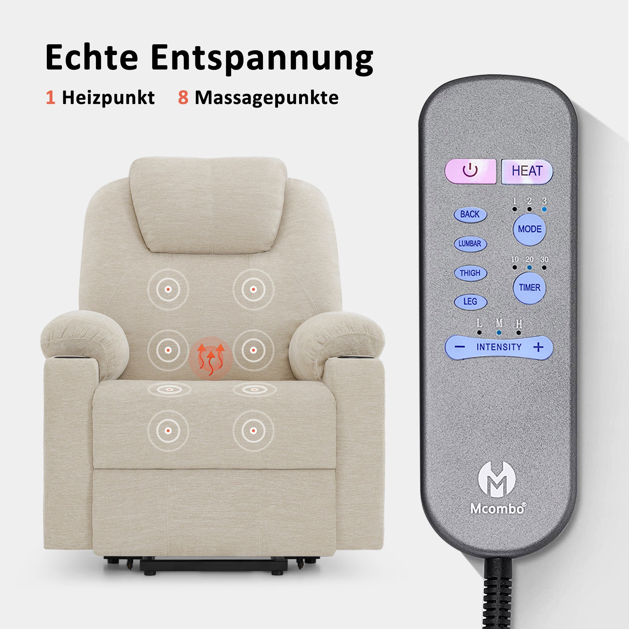 MCombo Poltrona TV elettrica reclinabile con sollevamento assistito, reclinabile fino a 140°, poltrona massaggiante con funzione riscaldante, regolabile tramite pulsanti e telecomando, con porta USB, 7040