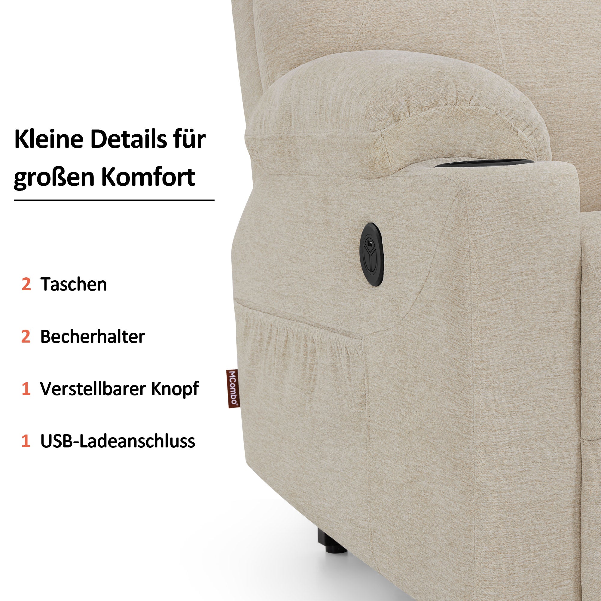 MCombo Poltrona TV elettrica reclinabile con sollevamento assistito, reclinabile fino a 140°, poltrona massaggiante con funzione riscaldante, regolabile tramite pulsanti e telecomando, con porta USB, 7040