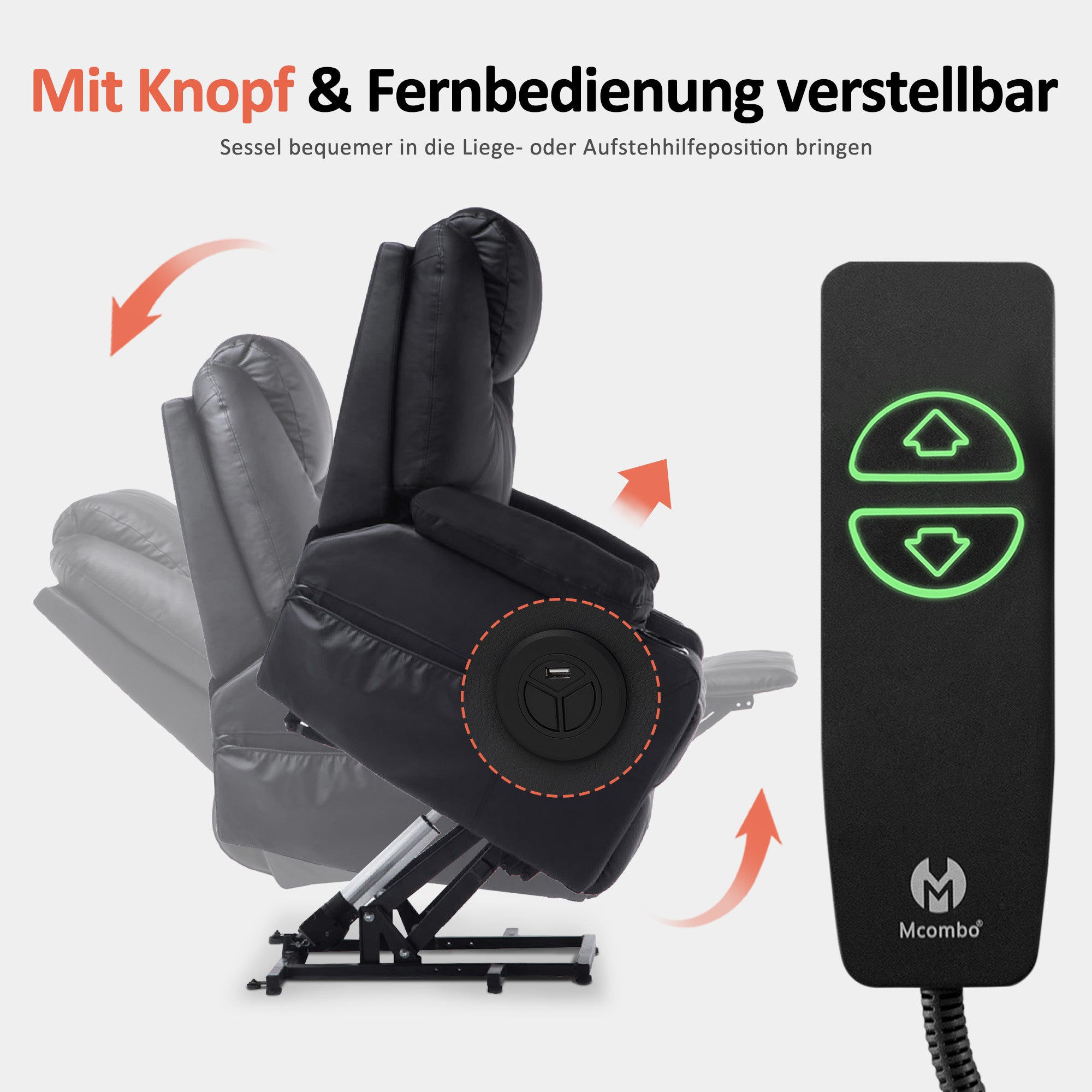 MCombo Poltrona TV elettrica reclinabile con sollevamento assistito, reclinabile fino a 140°, poltrona massaggiante con funzione riscaldante, regolabile tramite pulsanti e telecomando, con porta USB, 7040