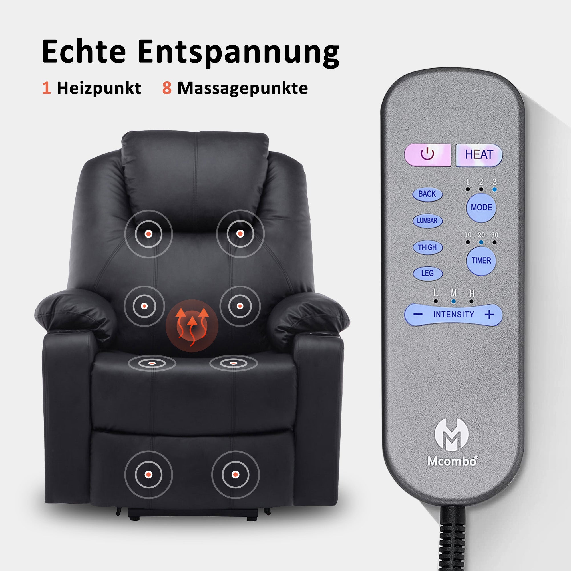 MCombo Poltrona TV elettrica reclinabile con sollevamento assistito, reclinabile fino a 140°, poltrona massaggiante con funzione riscaldante, regolabile tramite pulsanti e telecomando, con porta USB, 7040