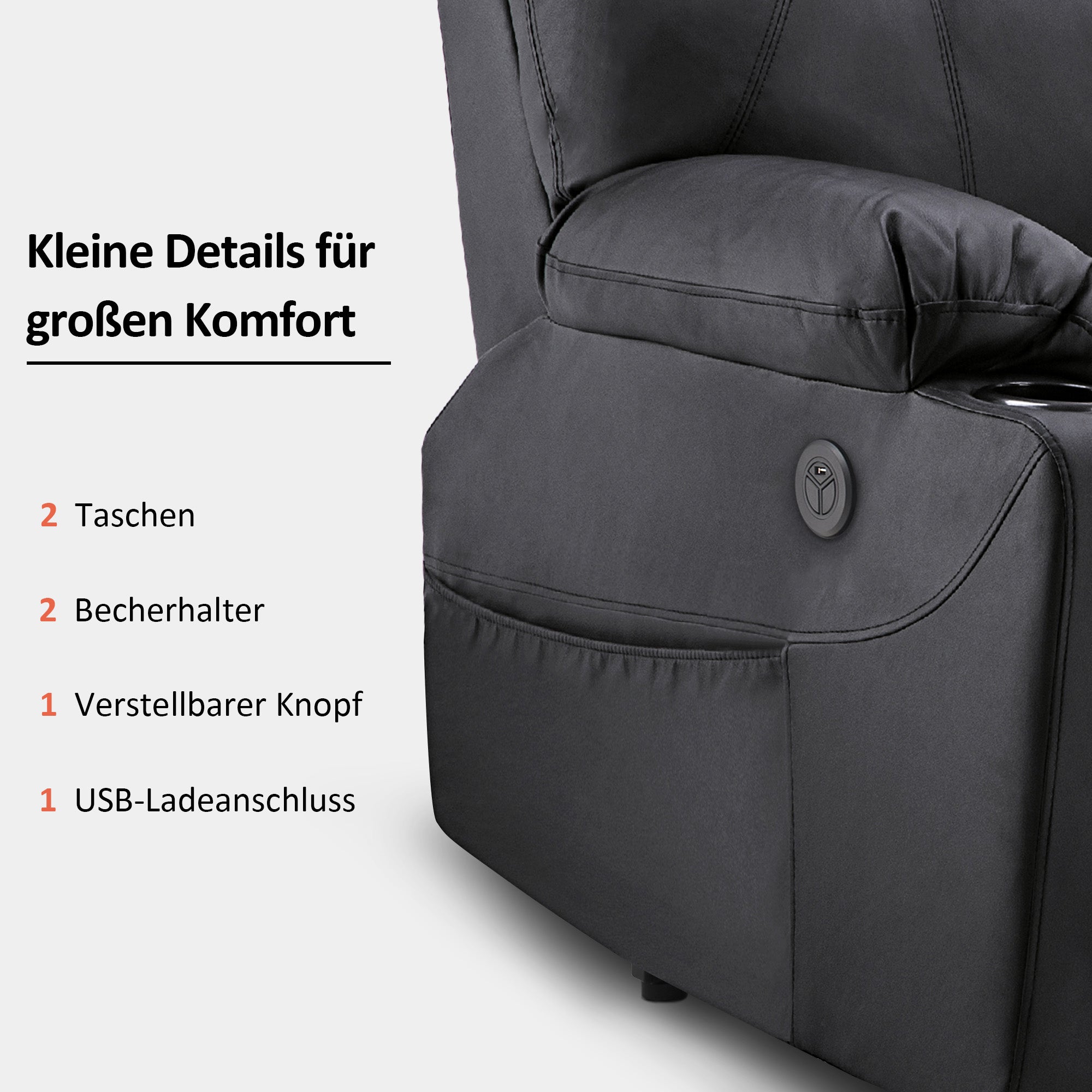 MCombo Poltrona TV elettrica reclinabile con sollevamento assistito, reclinabile fino a 140°, poltrona massaggiante con funzione riscaldante, regolabile tramite pulsanti e telecomando, con porta USB, 7040