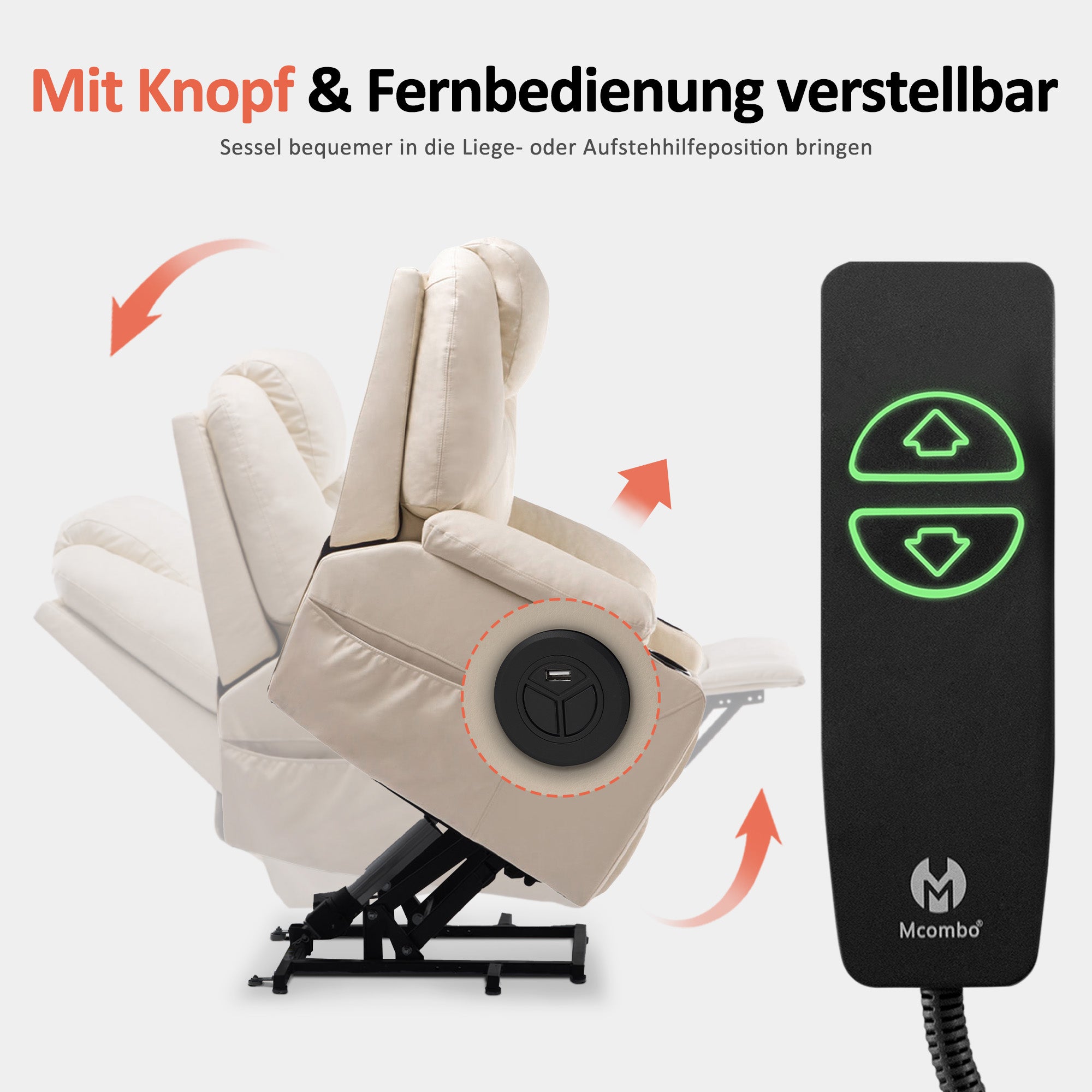 MCombo Poltrona TV elettrica reclinabile con sollevamento assistito, reclinabile fino a 140°, poltrona massaggiante con funzione riscaldante, regolabile tramite pulsanti e telecomando, con porta USB, 7040