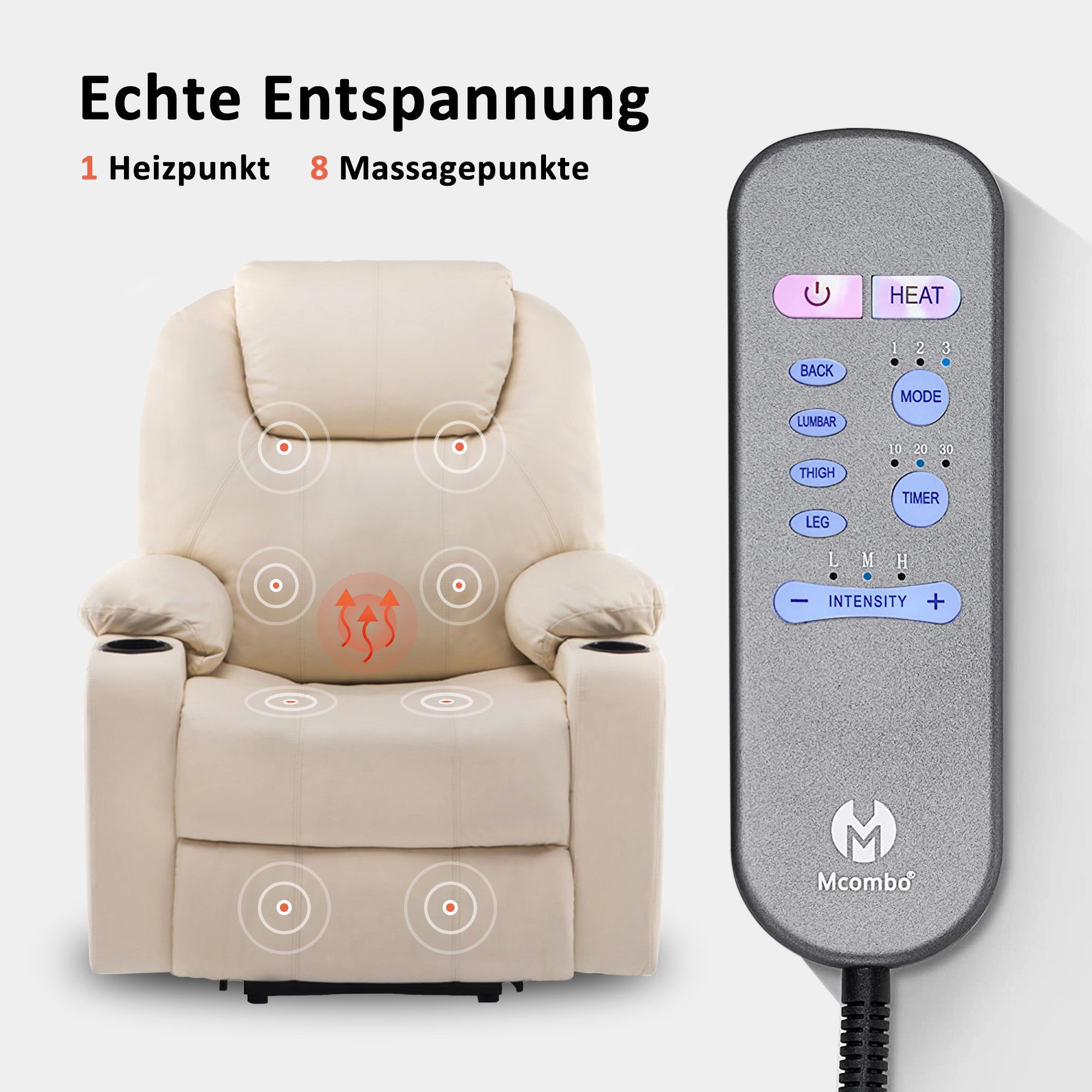 MCombo Poltrona TV elettrica reclinabile con sollevamento assistito, reclinabile fino a 140°, poltrona massaggiante con funzione riscaldante, regolabile tramite pulsanti e telecomando, con porta USB, 7040