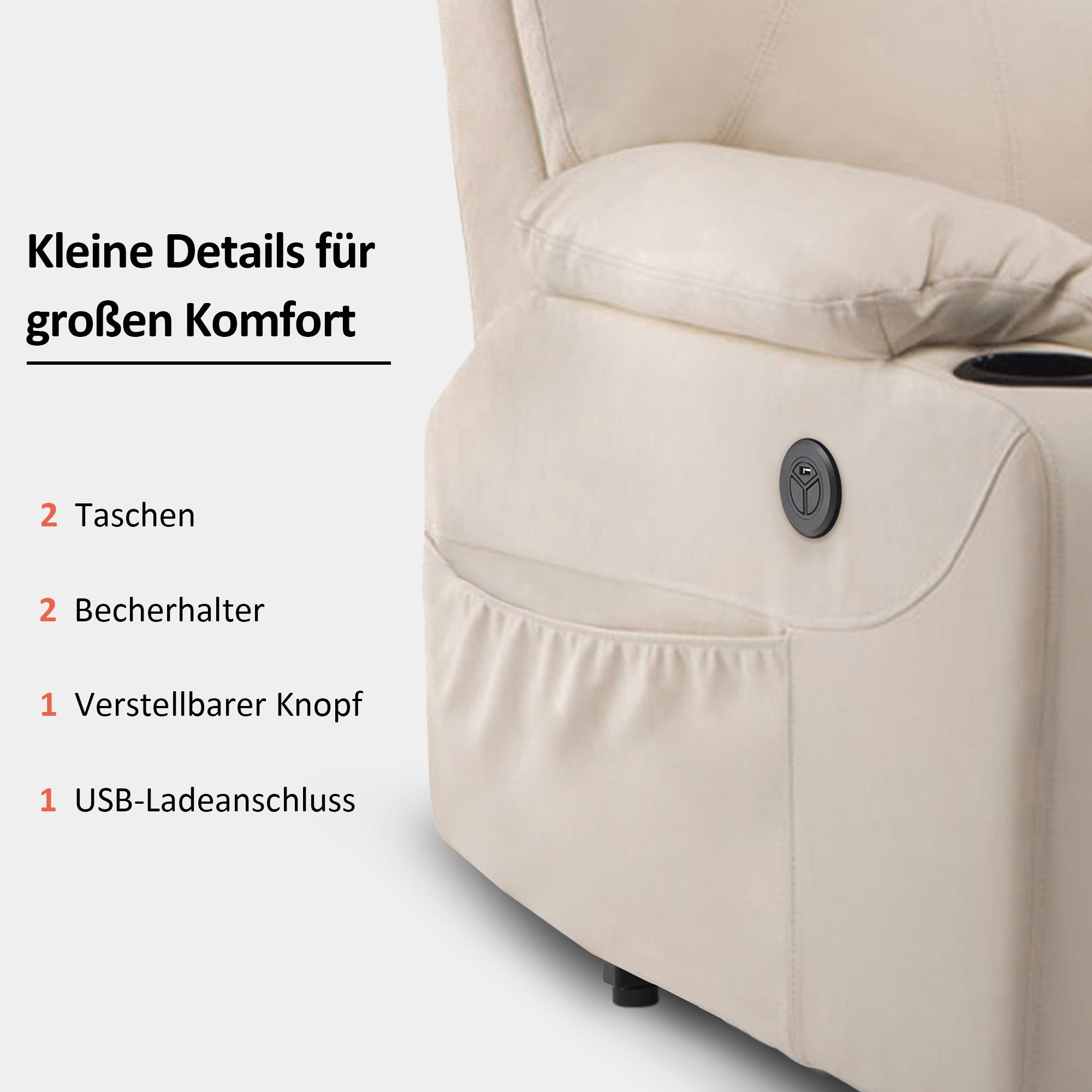 MCombo Poltrona TV elettrica reclinabile con sollevamento assistito, reclinabile fino a 140°, poltrona massaggiante con funzione riscaldante, regolabile tramite pulsanti e telecomando, con porta USB, 7040