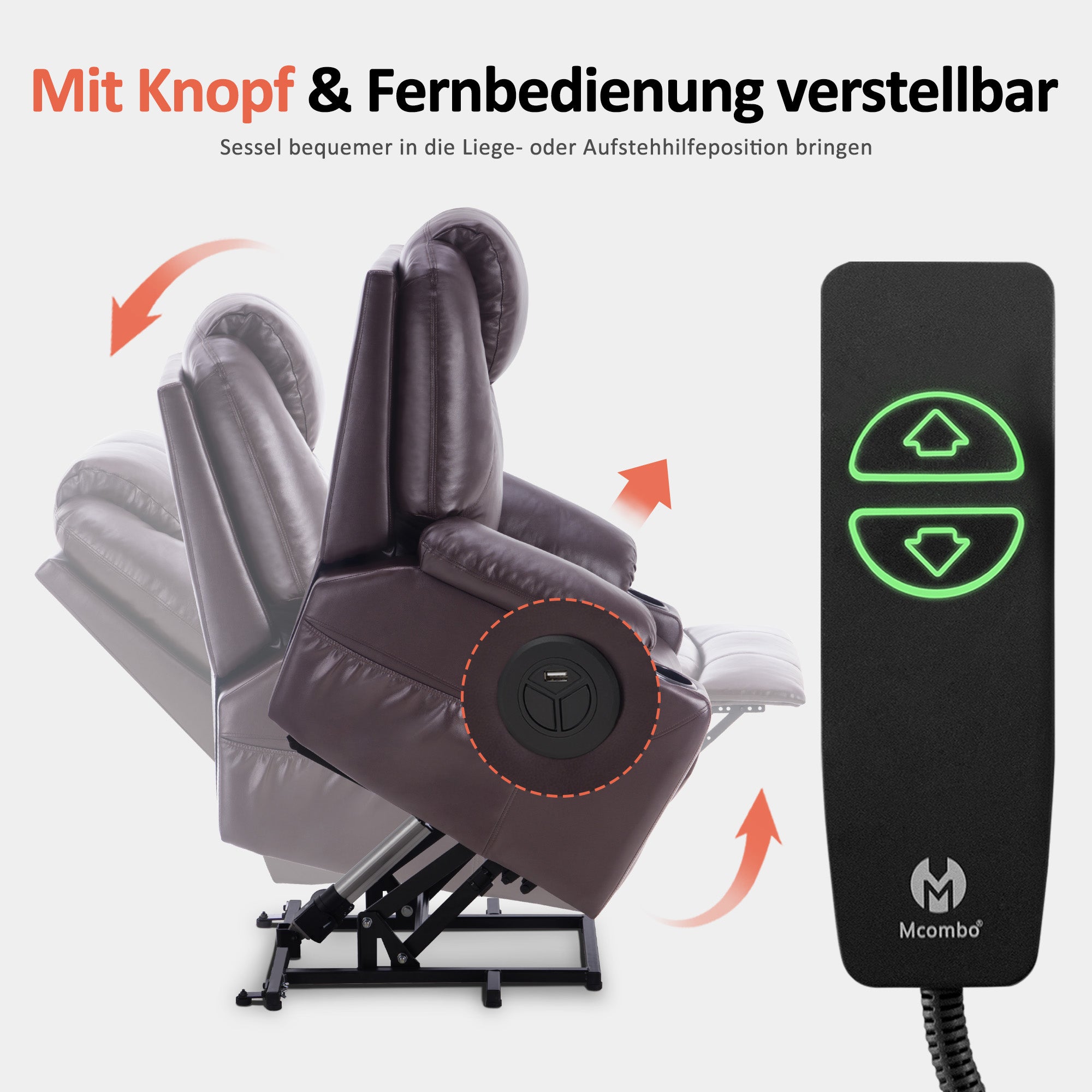 MCombo Poltrona TV elettrica reclinabile con sollevamento assistito, reclinabile fino a 140°, poltrona massaggiante con funzione riscaldante, regolabile tramite pulsanti e telecomando, con porta USB, 7040
