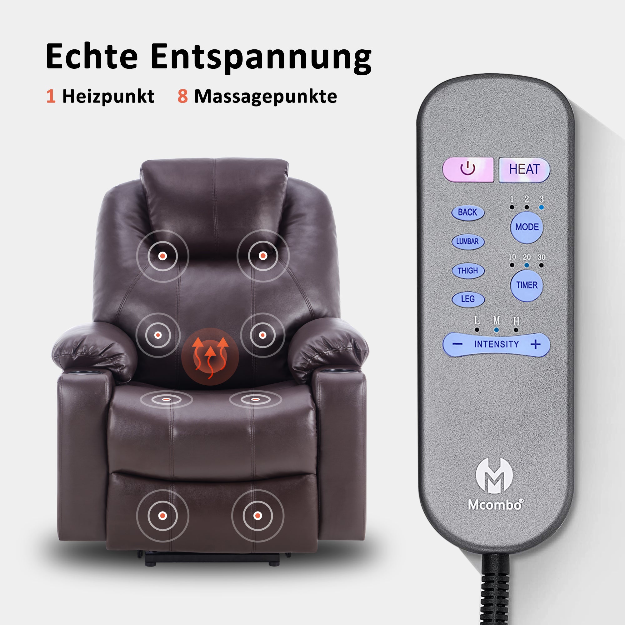 MCombo Poltrona TV elettrica reclinabile con sollevamento assistito, reclinabile fino a 140°, poltrona massaggiante con funzione riscaldante, regolabile tramite pulsanti e telecomando, con porta USB, 7040