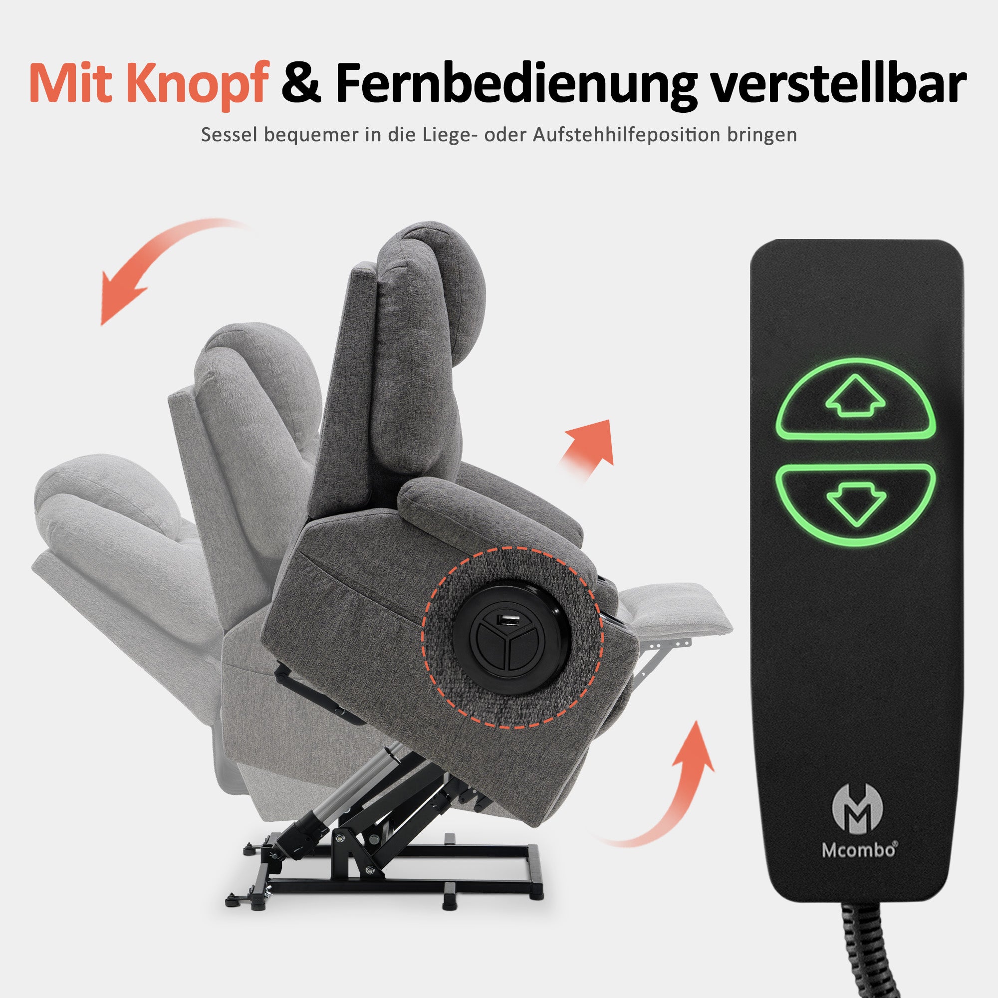 MCombo Poltrona TV elettrica reclinabile con sollevamento assistito, reclinabile fino a 140°, poltrona massaggiante con funzione riscaldante, regolabile tramite pulsanti e telecomando, con porta USB, 7040