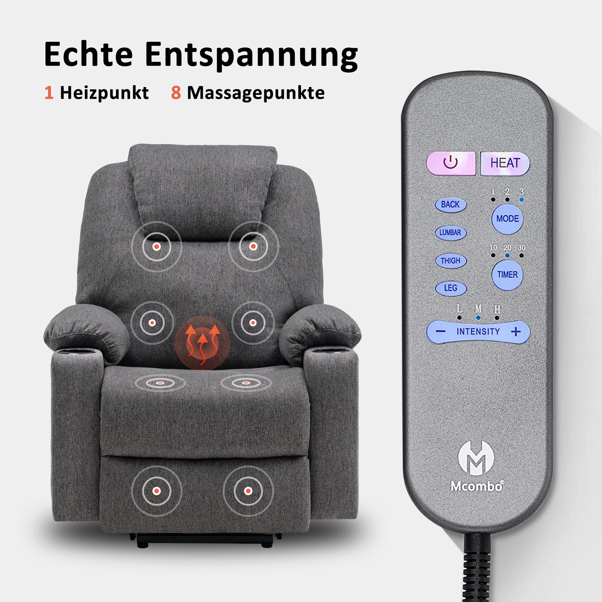 MCombo Poltrona TV elettrica reclinabile con sollevamento assistito, reclinabile fino a 140°, poltrona massaggiante con funzione riscaldante, regolabile tramite pulsanti e telecomando, con porta USB, 7040