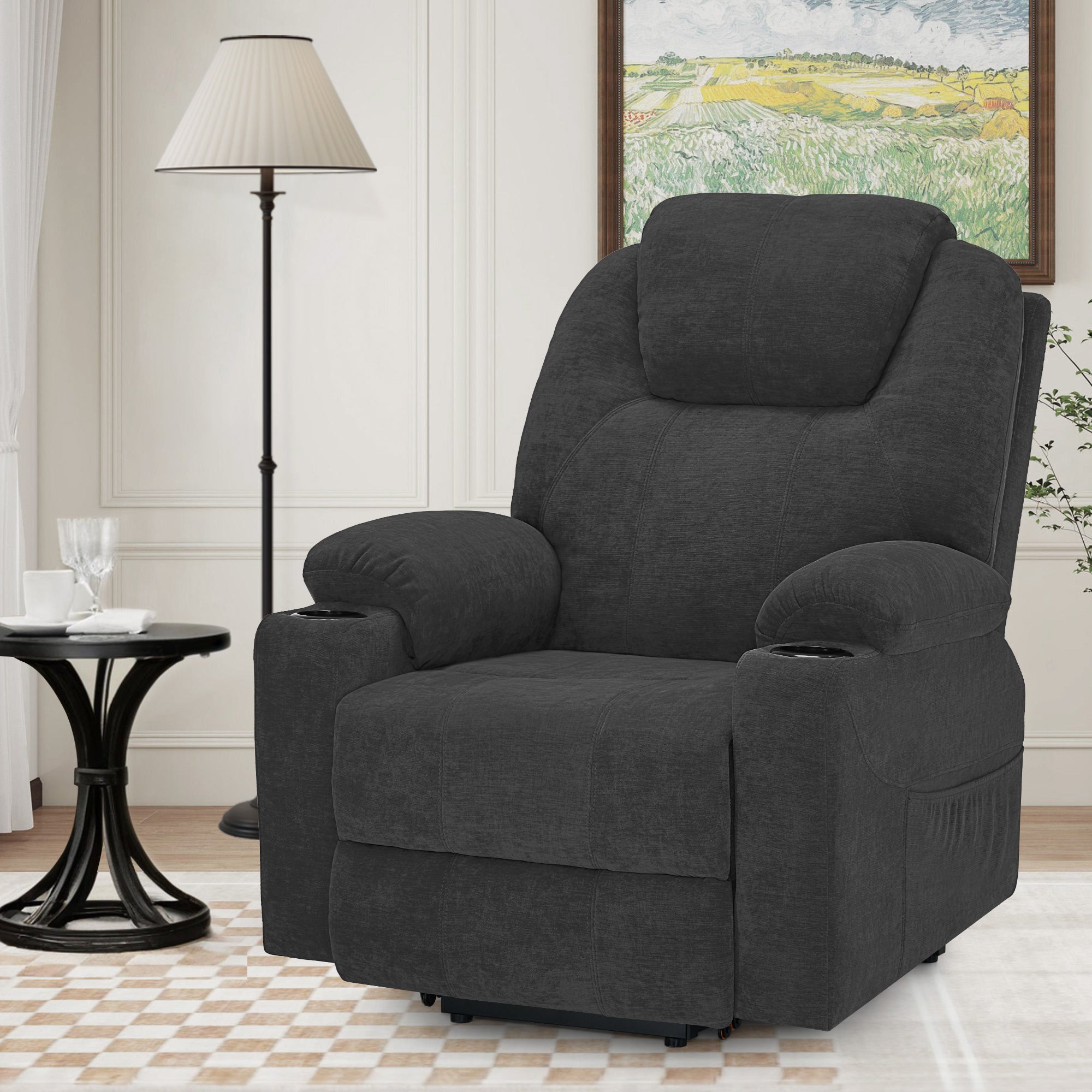 MCombo Poltrona TV elettrica reclinabile con sollevamento assistito, reclinabile fino a 140°, poltrona massaggiante con funzione riscaldante, regolabile tramite pulsanti e telecomando, con porta USB, 7040