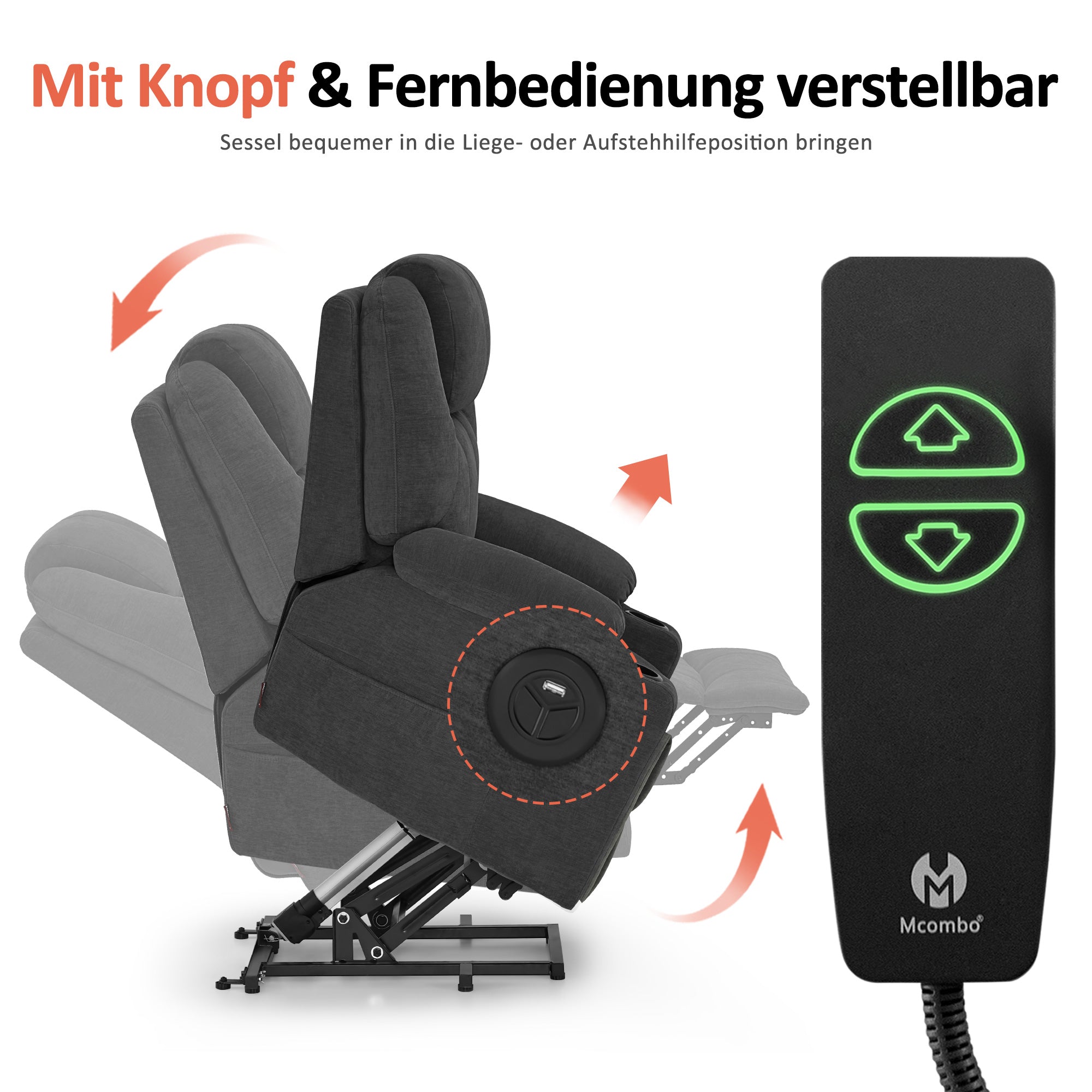 MCombo Poltrona TV elettrica reclinabile con sollevamento assistito, reclinabile fino a 140°, poltrona massaggiante con funzione riscaldante, regolabile tramite pulsanti e telecomando, con porta USB, 7040