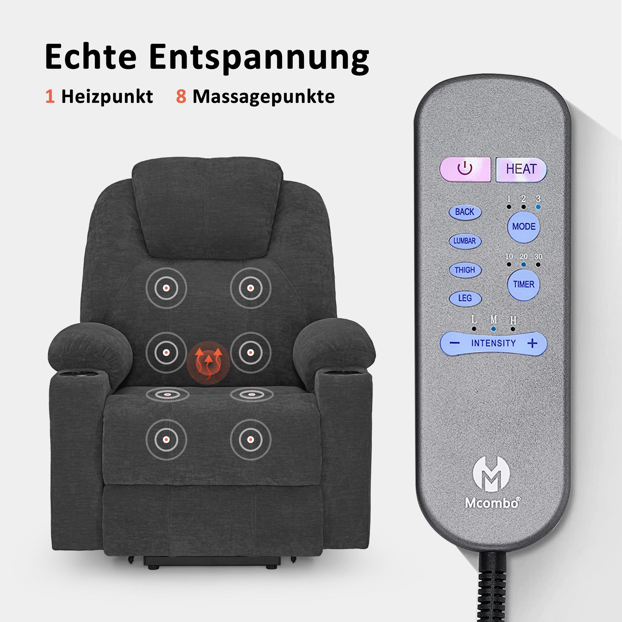 MCombo Poltrona TV elettrica reclinabile con sollevamento assistito, reclinabile fino a 140°, poltrona massaggiante con funzione riscaldante, regolabile tramite pulsanti e telecomando, con porta USB, 7040