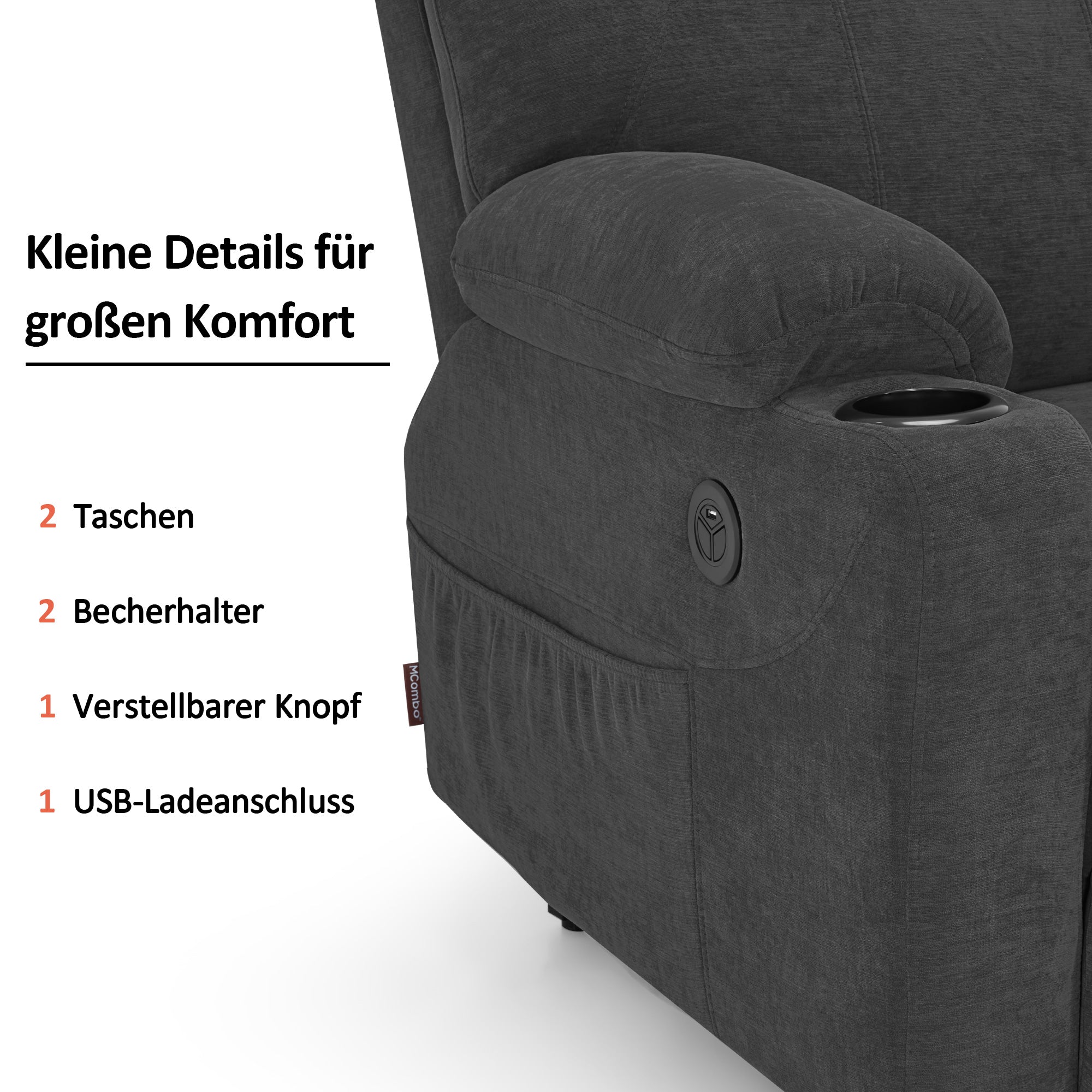 MCombo Poltrona TV elettrica reclinabile con sollevamento assistito, reclinabile fino a 140°, poltrona massaggiante con funzione riscaldante, regolabile tramite pulsanti e telecomando, con porta USB, 7040