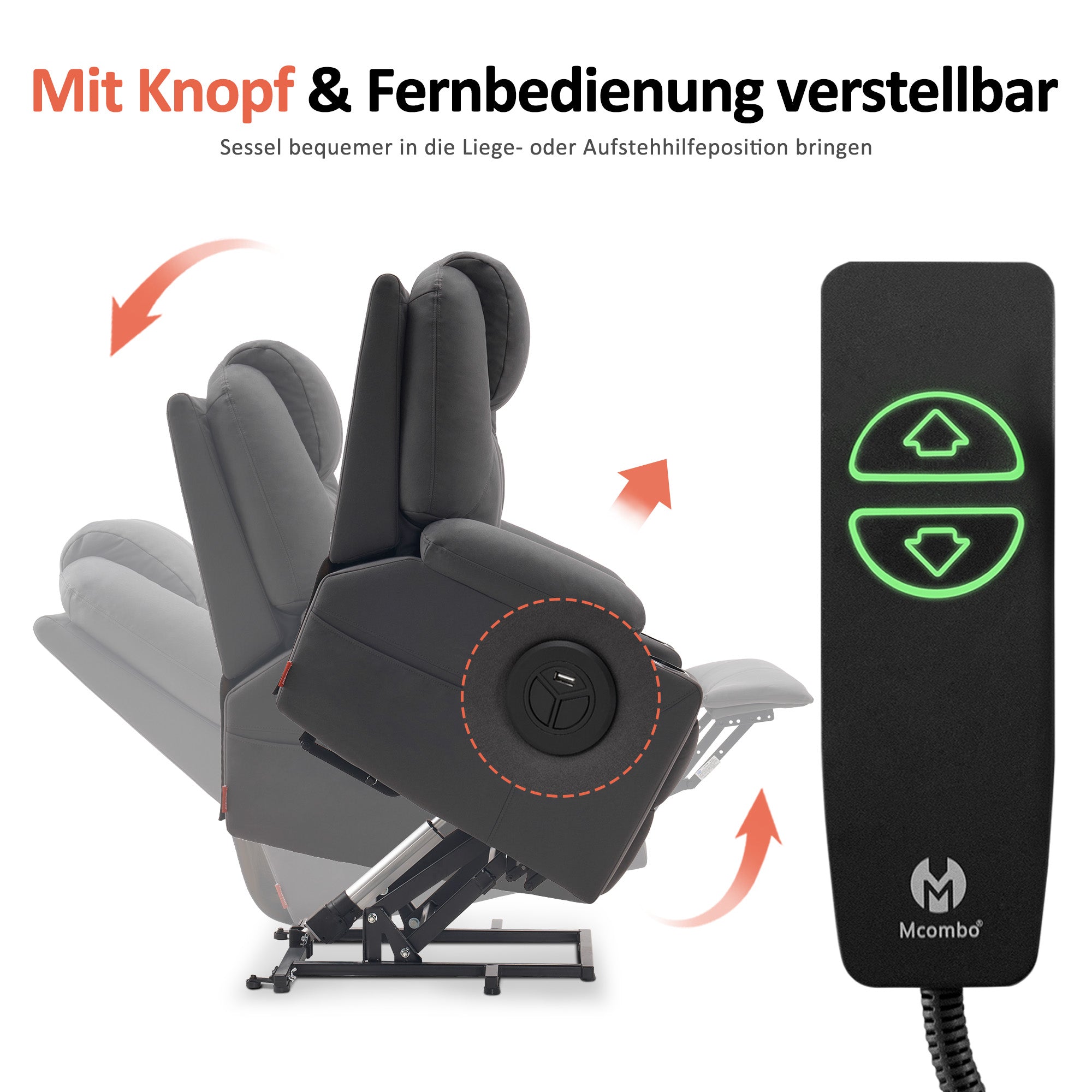 MCombo Poltrona TV elettrica reclinabile con sollevamento assistito, reclinabile fino a 140°, poltrona massaggiante con funzione riscaldante, regolabile tramite pulsanti e telecomando, con porta USB, 7040