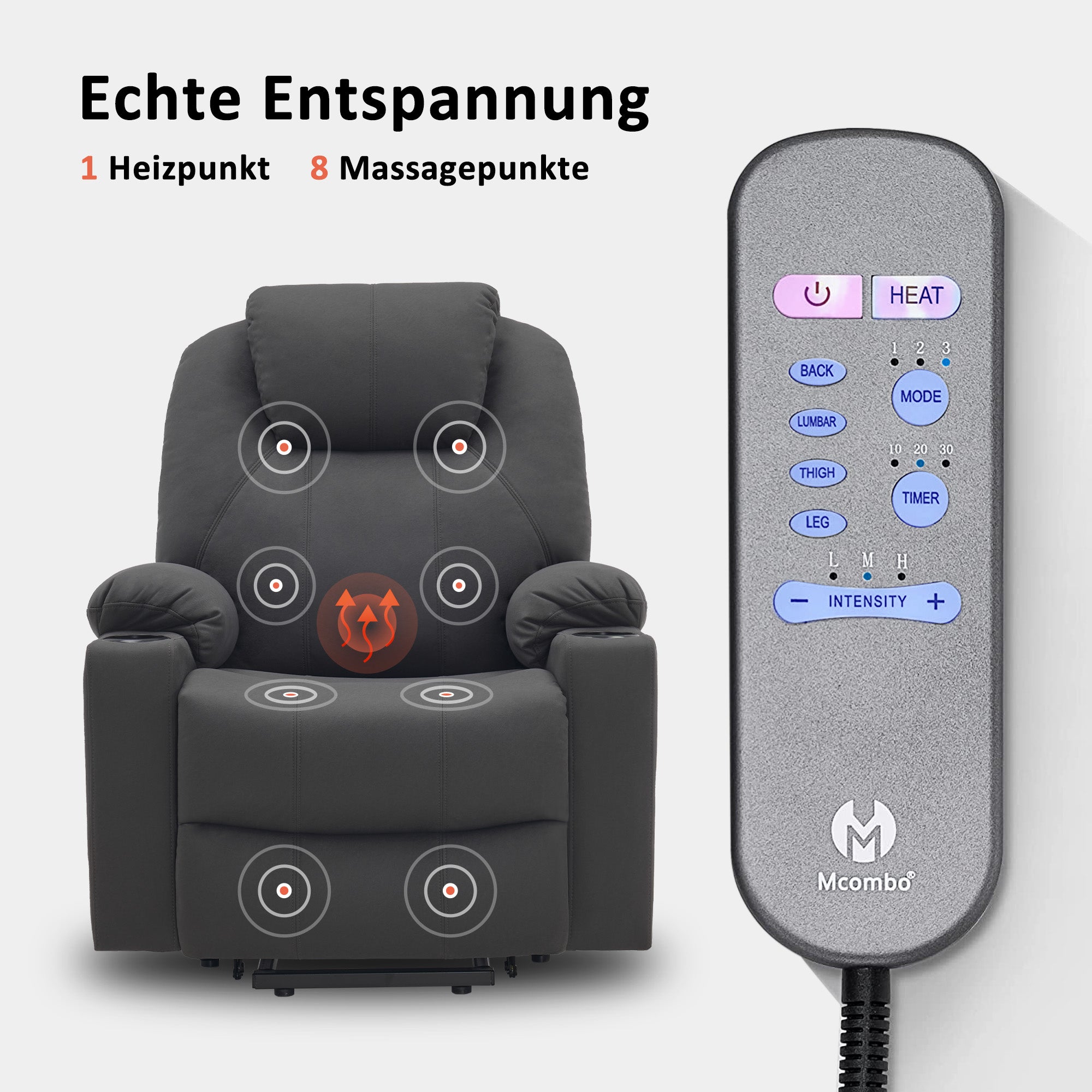 MCombo Poltrona TV elettrica reclinabile con sollevamento assistito, reclinabile fino a 140°, poltrona massaggiante con funzione riscaldante, regolabile tramite pulsanti e telecomando, con porta USB, 7040
