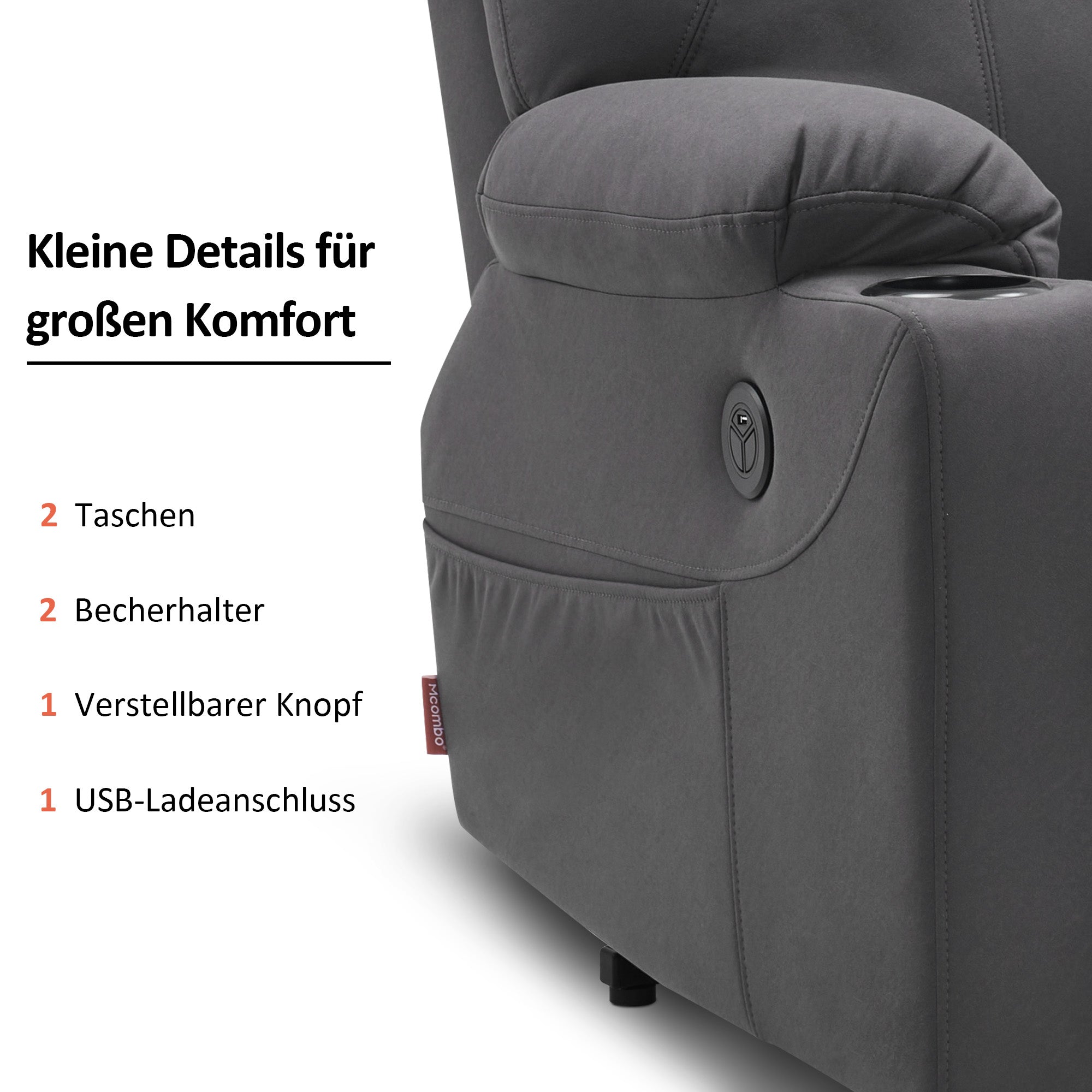 MCombo Poltrona TV elettrica reclinabile con sollevamento assistito, reclinabile fino a 140°, poltrona massaggiante con funzione riscaldante, regolabile tramite pulsanti e telecomando, con porta USB, 7040