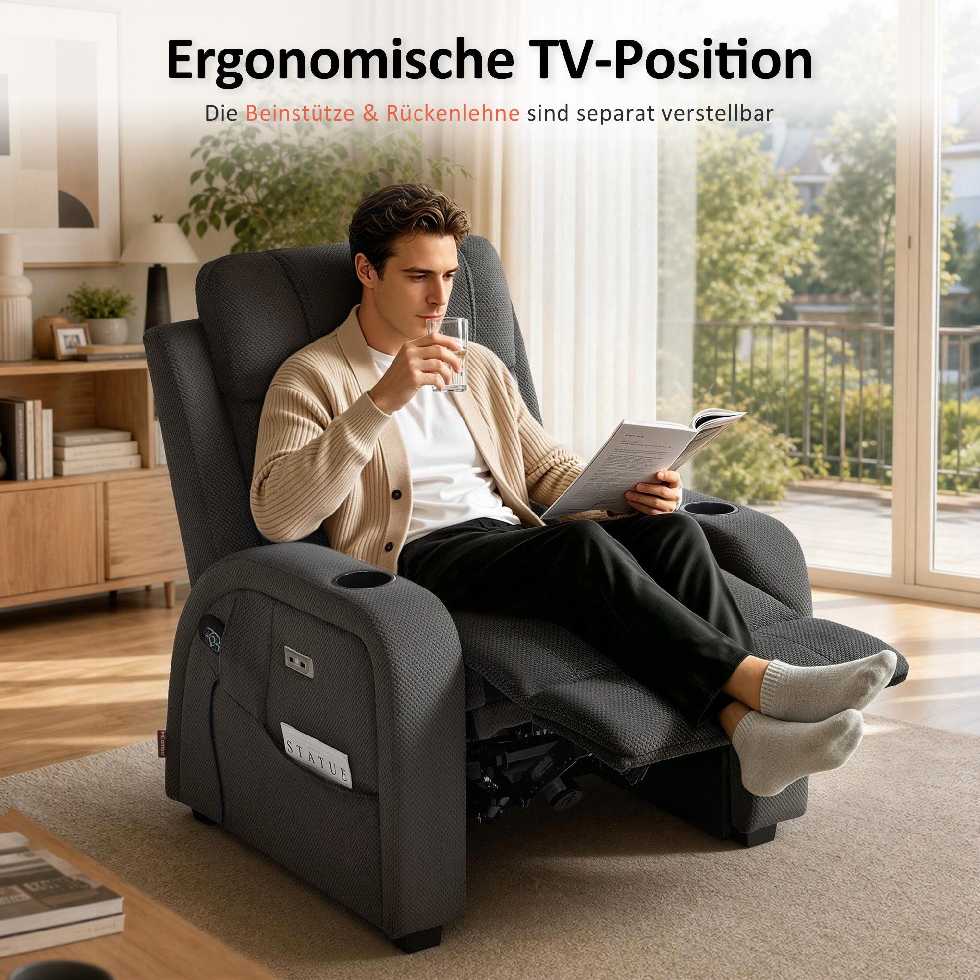 M MCombo Poltrona Relax Elettrica a 2 Motori, Schienale e Poggiapiedi Regolabili Elettricamente, Poltrona Zero Gravity 150° con Funzione Reset, Cuscino di Seduta Interamente in Schiuma 35D 7042 (Tessuto, Grigio Scuro)