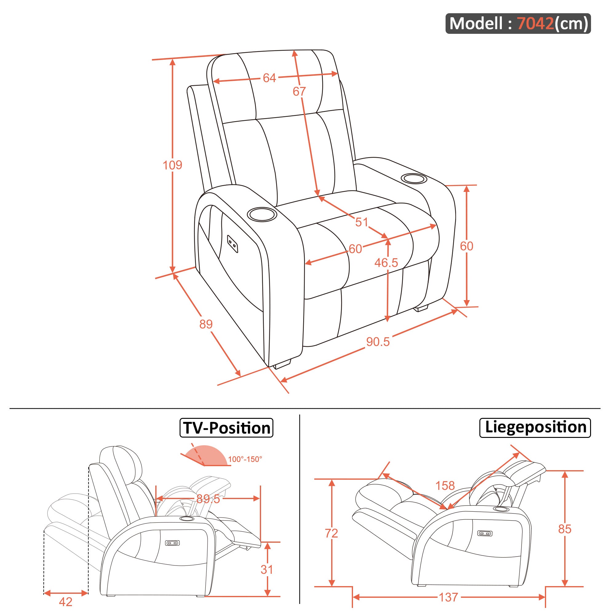 M MCombo Poltrona Relax Elettrica a 2 Motori, Schienale e Poggiapiedi Regolabili Elettricamente, Poltrona Zero Gravity 150° con Funzione Reset, Cuscino di Seduta Interamente in Schiuma 35D 7042 (Tessuto, Grigio Scuro)